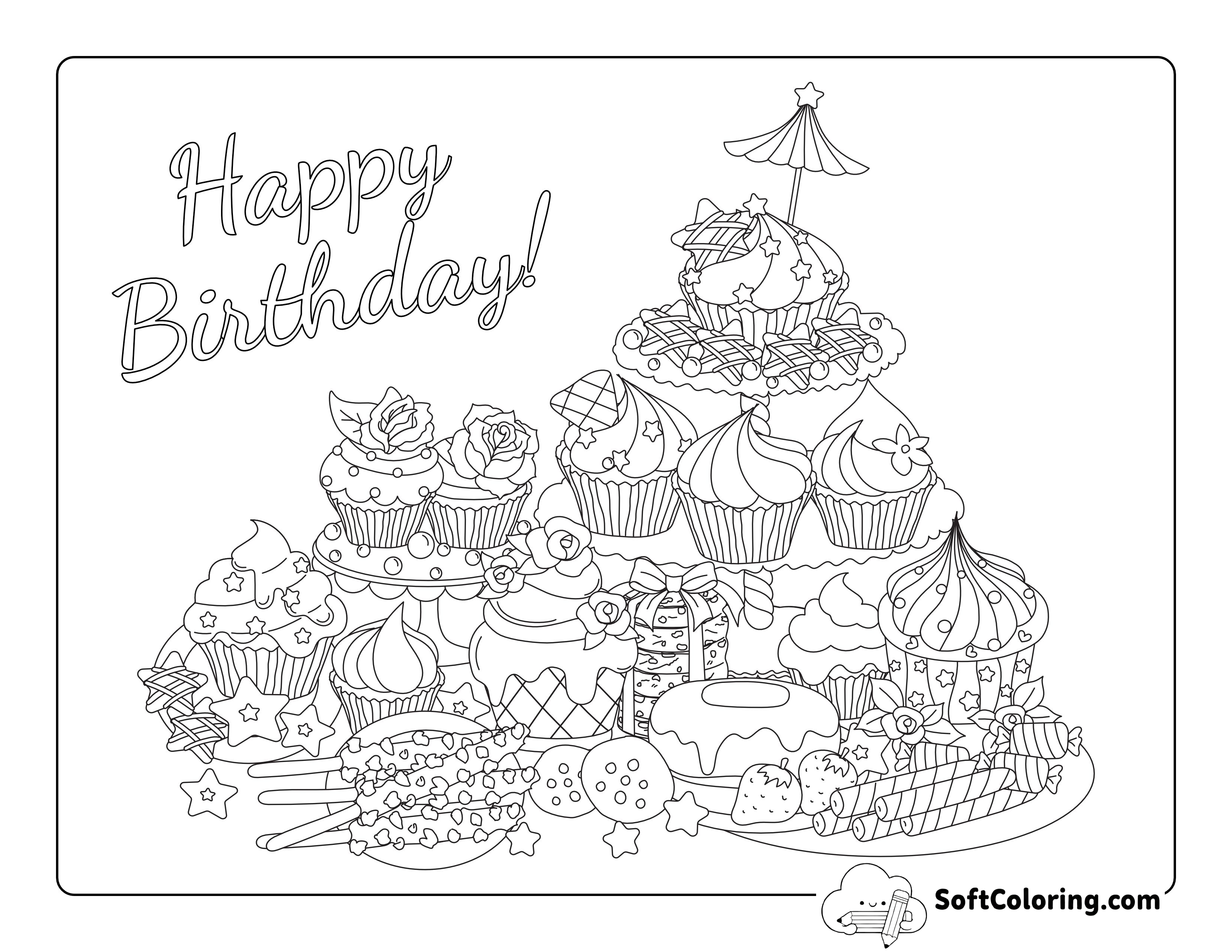 "Happy Birthday" Cupcake Tower Coloring Page for Adults