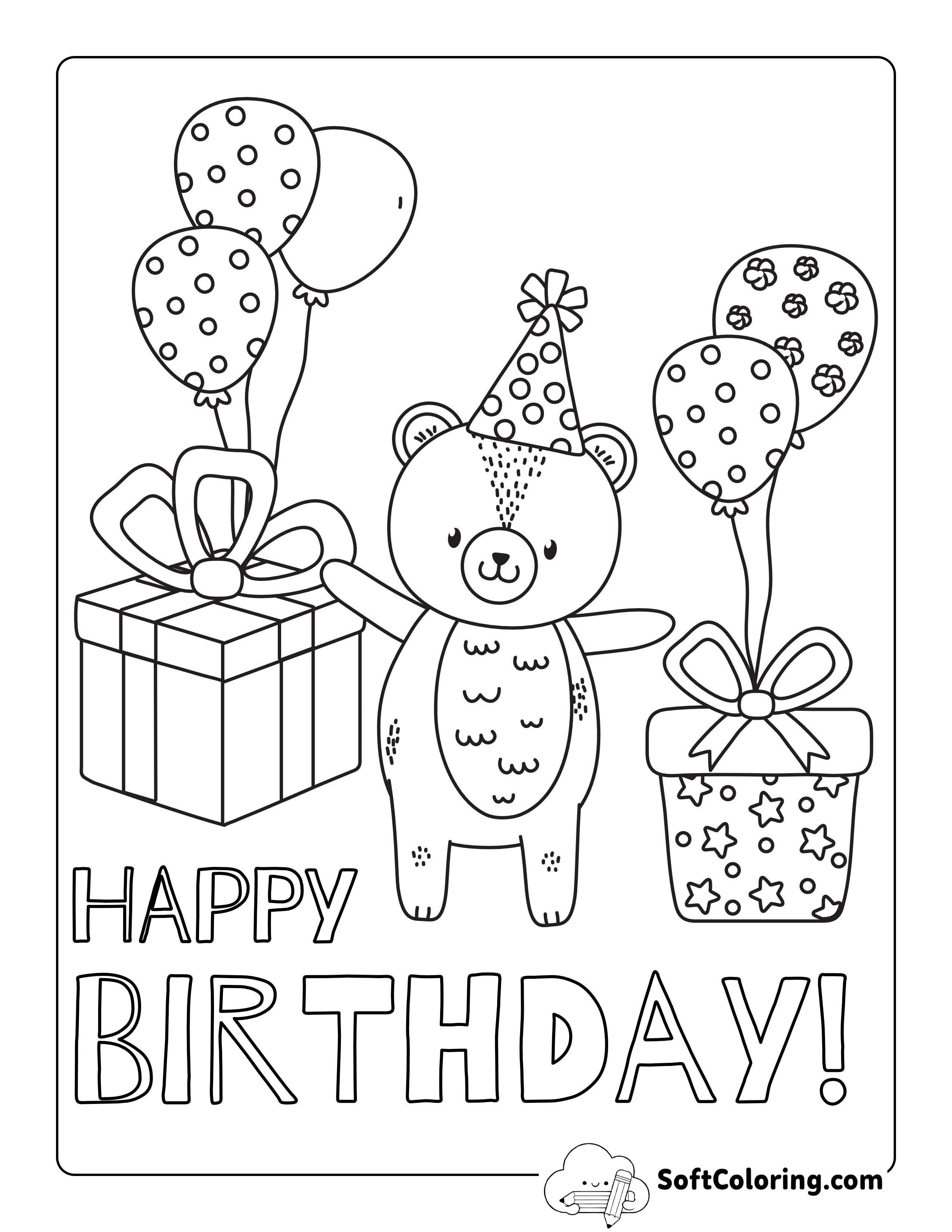 Cute Bear Birthday Coloring Page for Kids