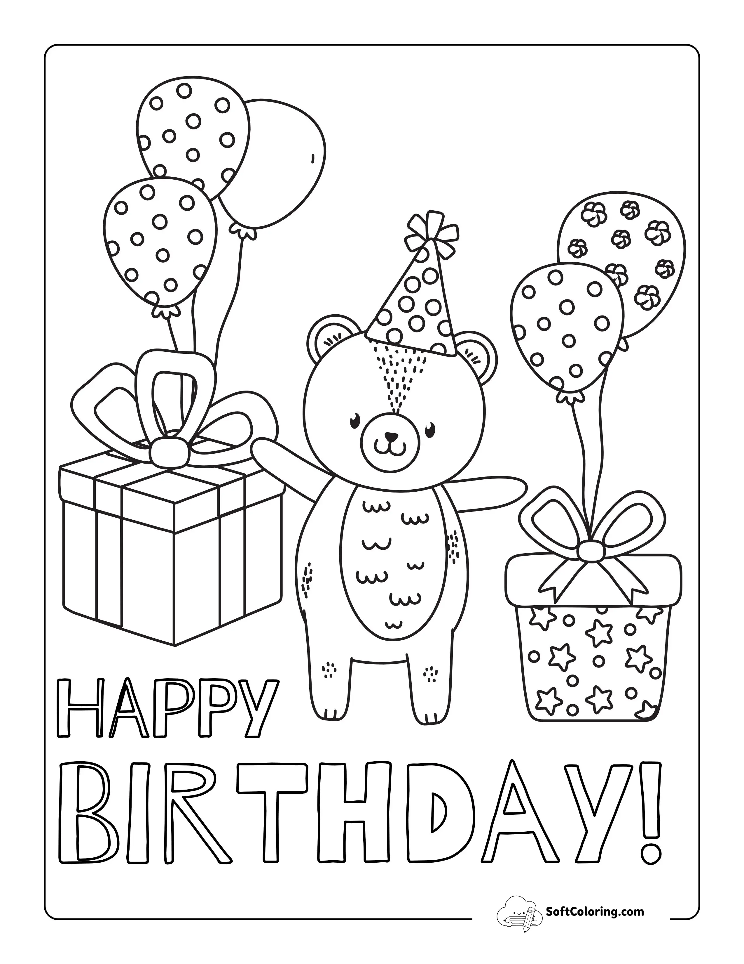 Cute Bear Birthday Coloring Page For Kids