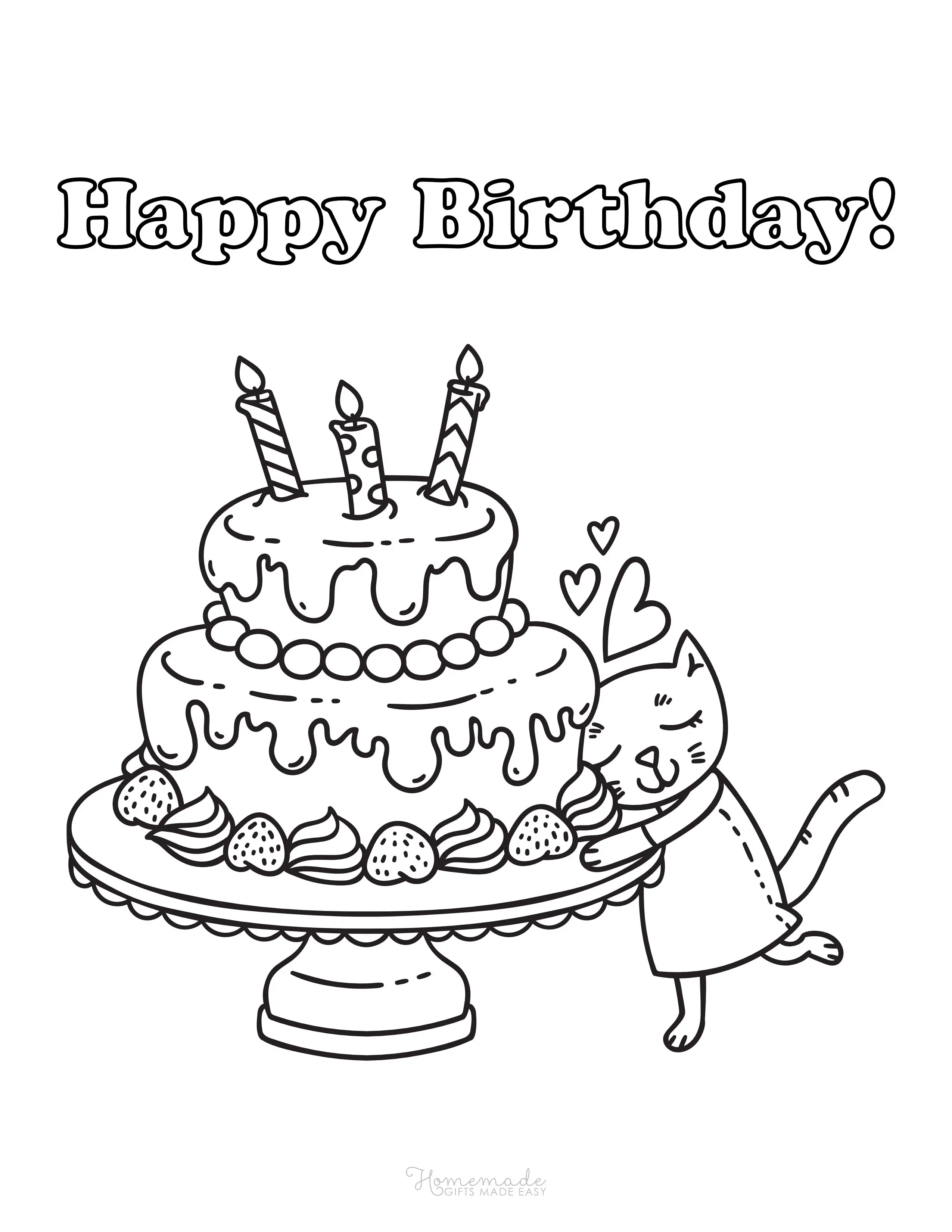 Cute Cat With Birthday Cake To Color