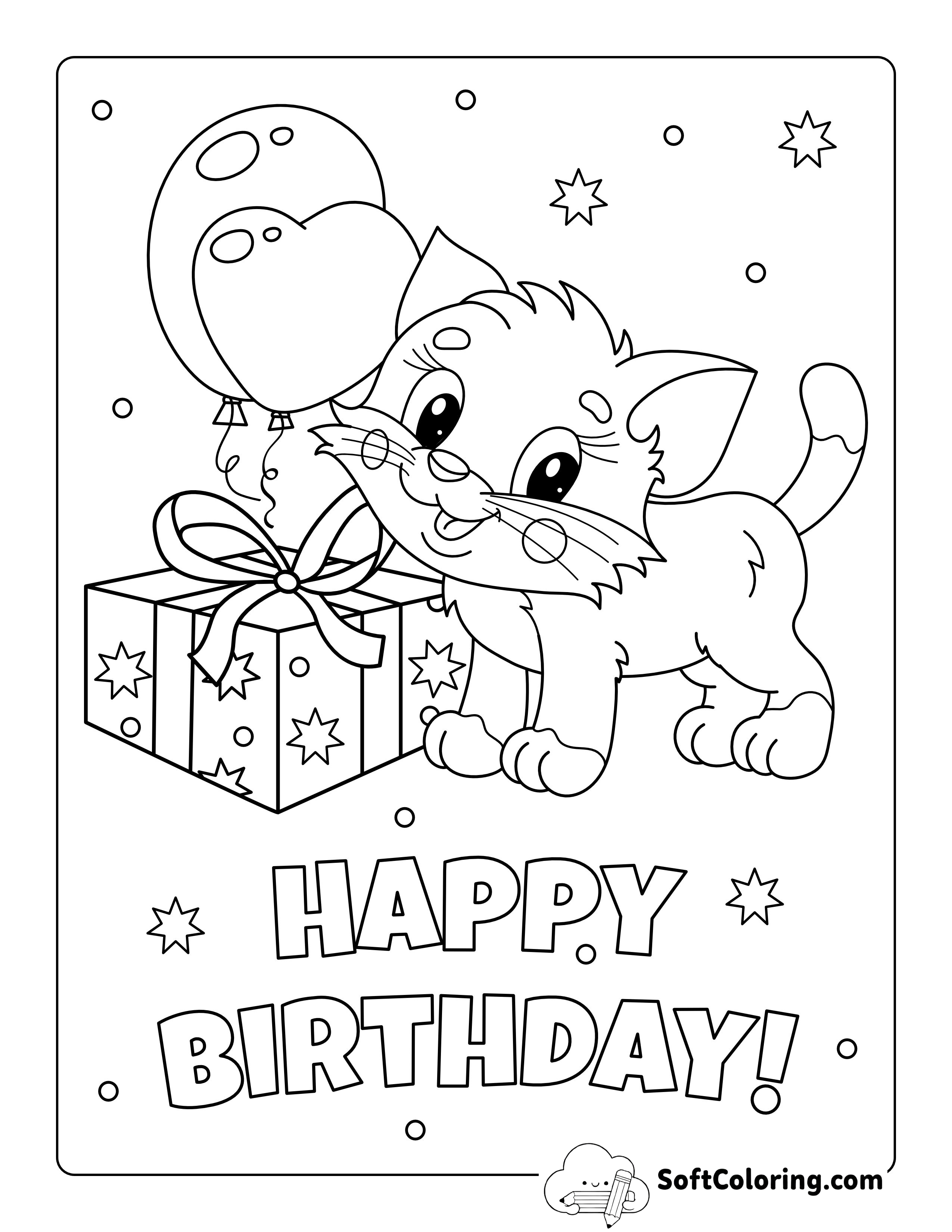 Cute Cat "Happy Birthday" Coloring Sheet