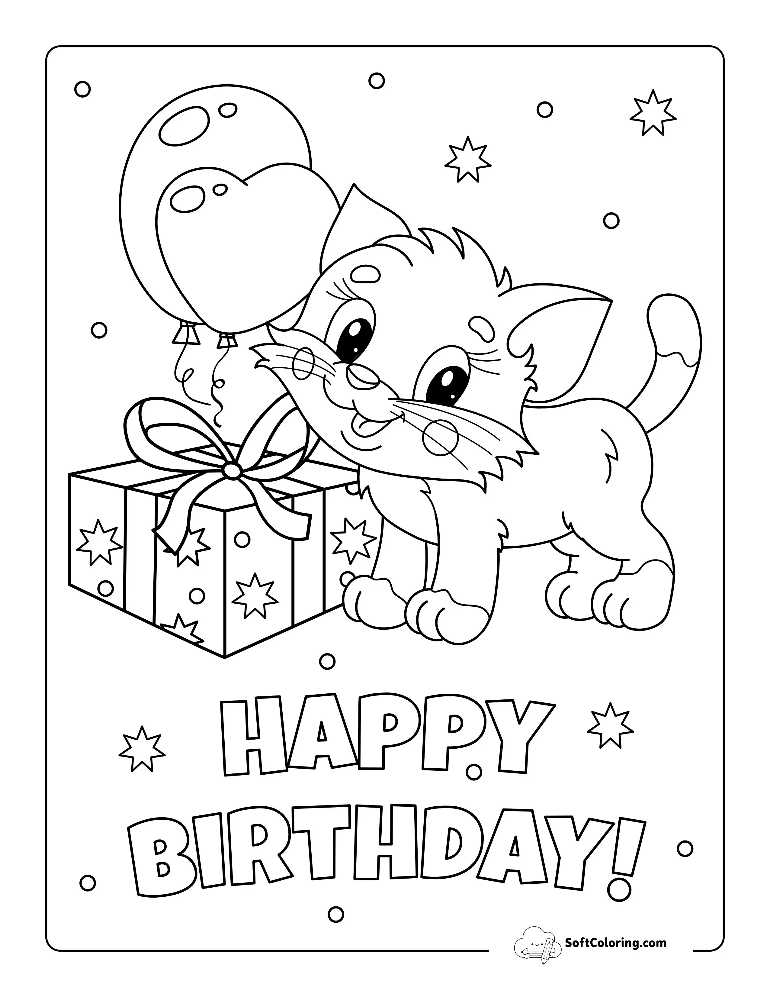 Cute Cat "Happy Birthday" Coloring Sheet