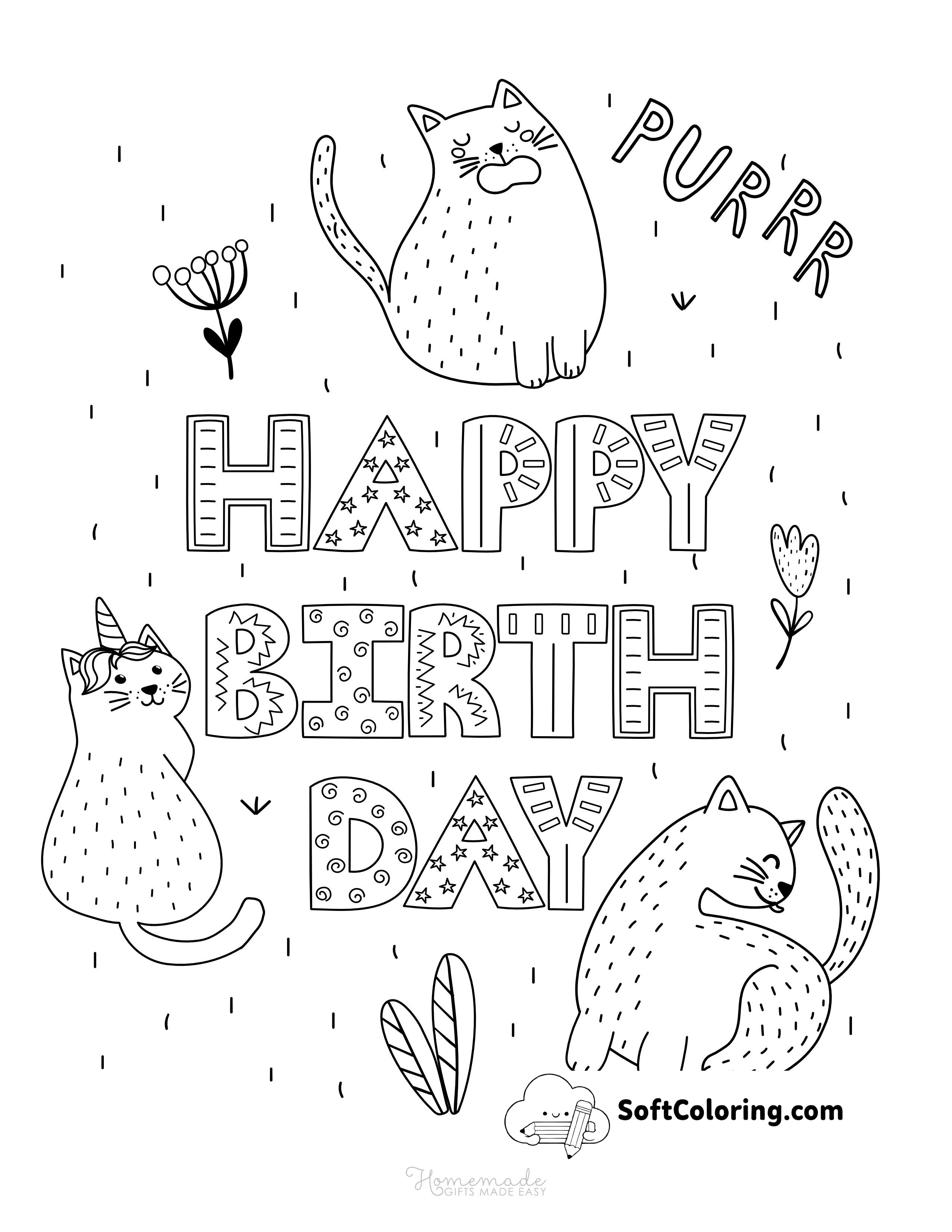 Cute Cats "Happy Birthday" Picture to Color
