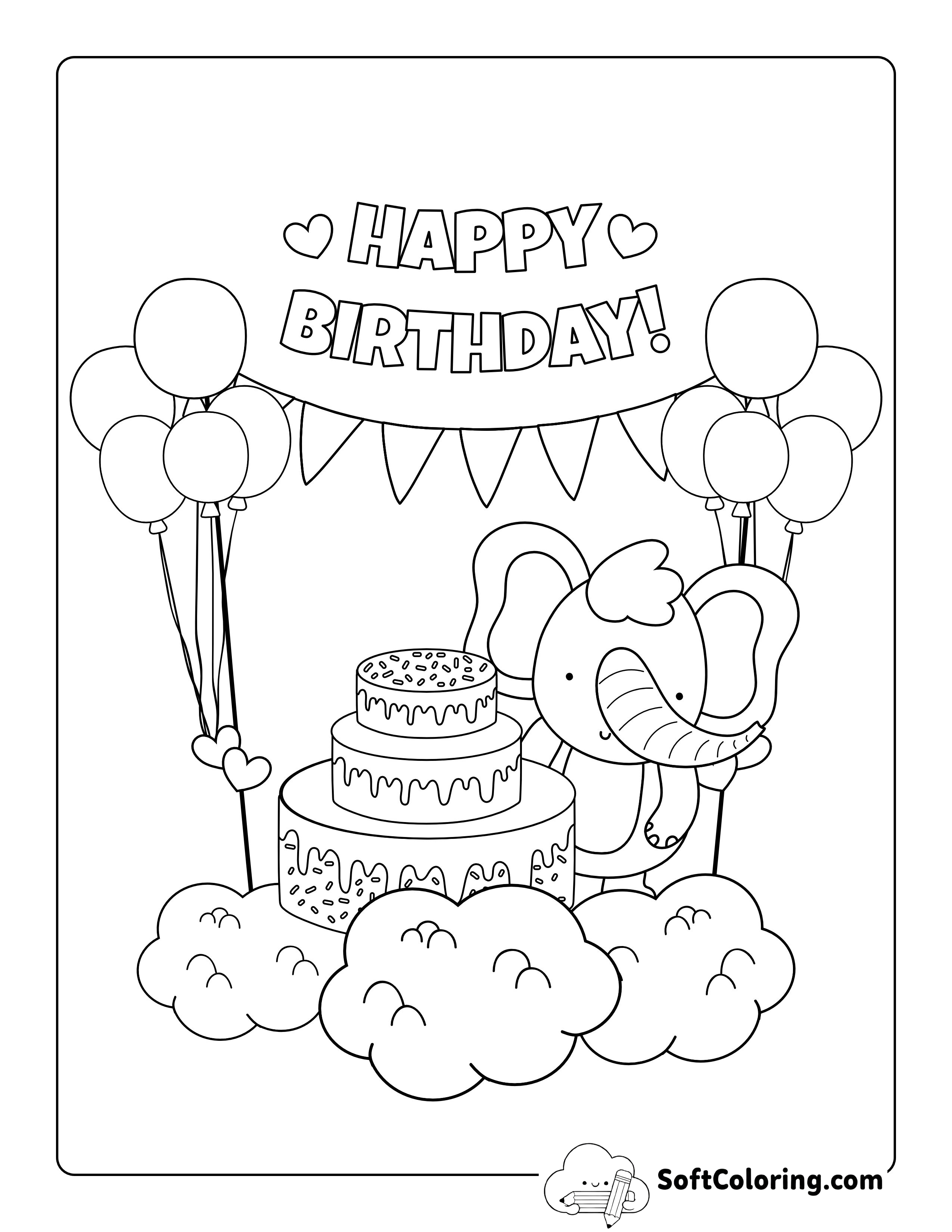 Elephant with Cake Coloring Page