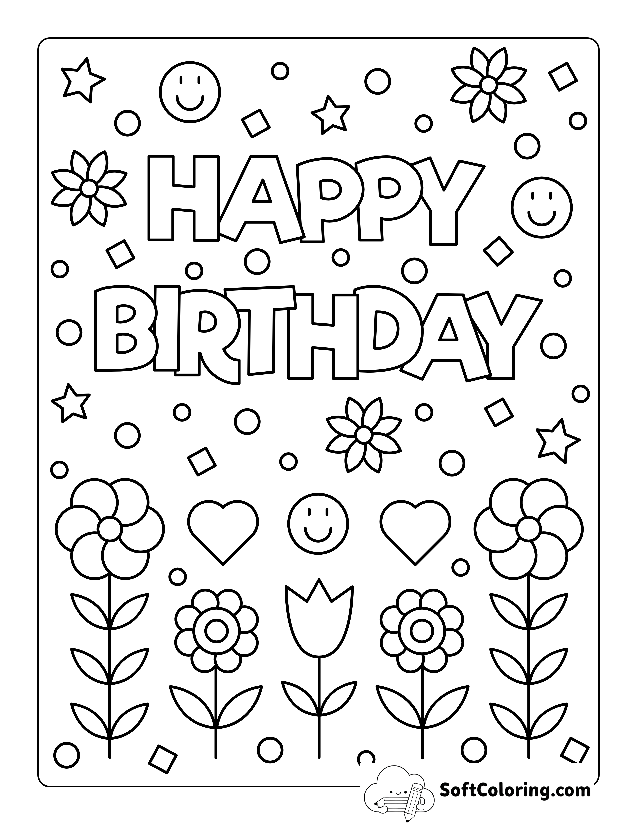 "Happy Birthday" Flowers Coloring Sheet