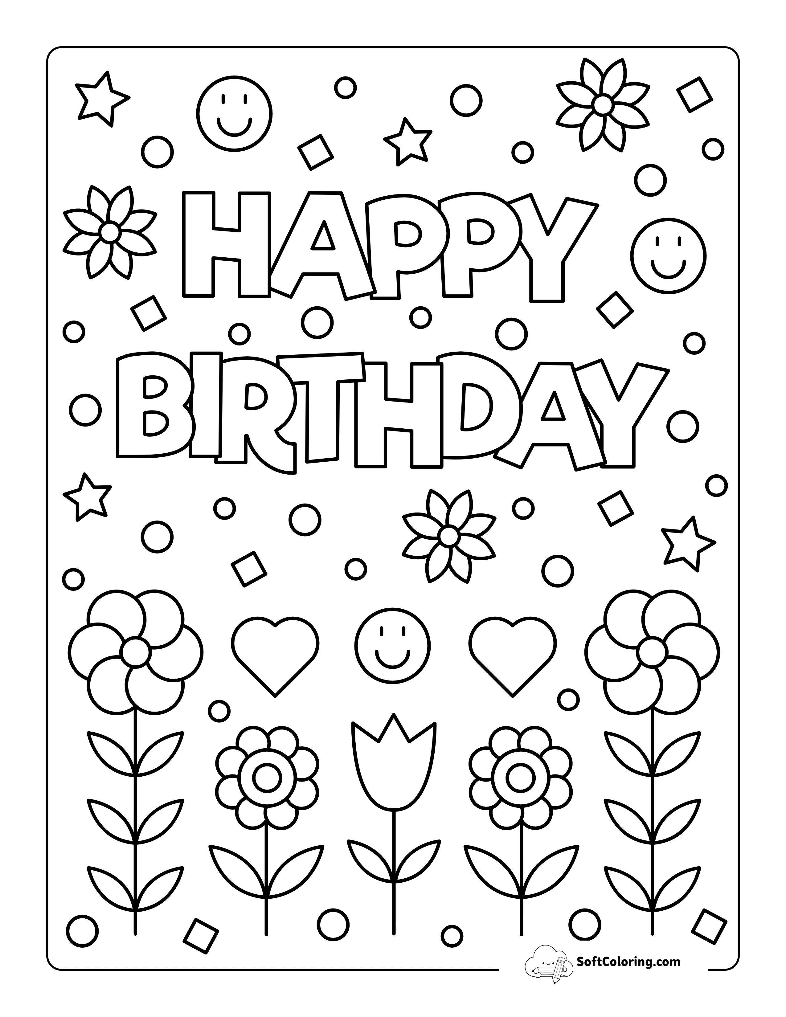 "Happy Birthday" Flowers Coloring Sheet