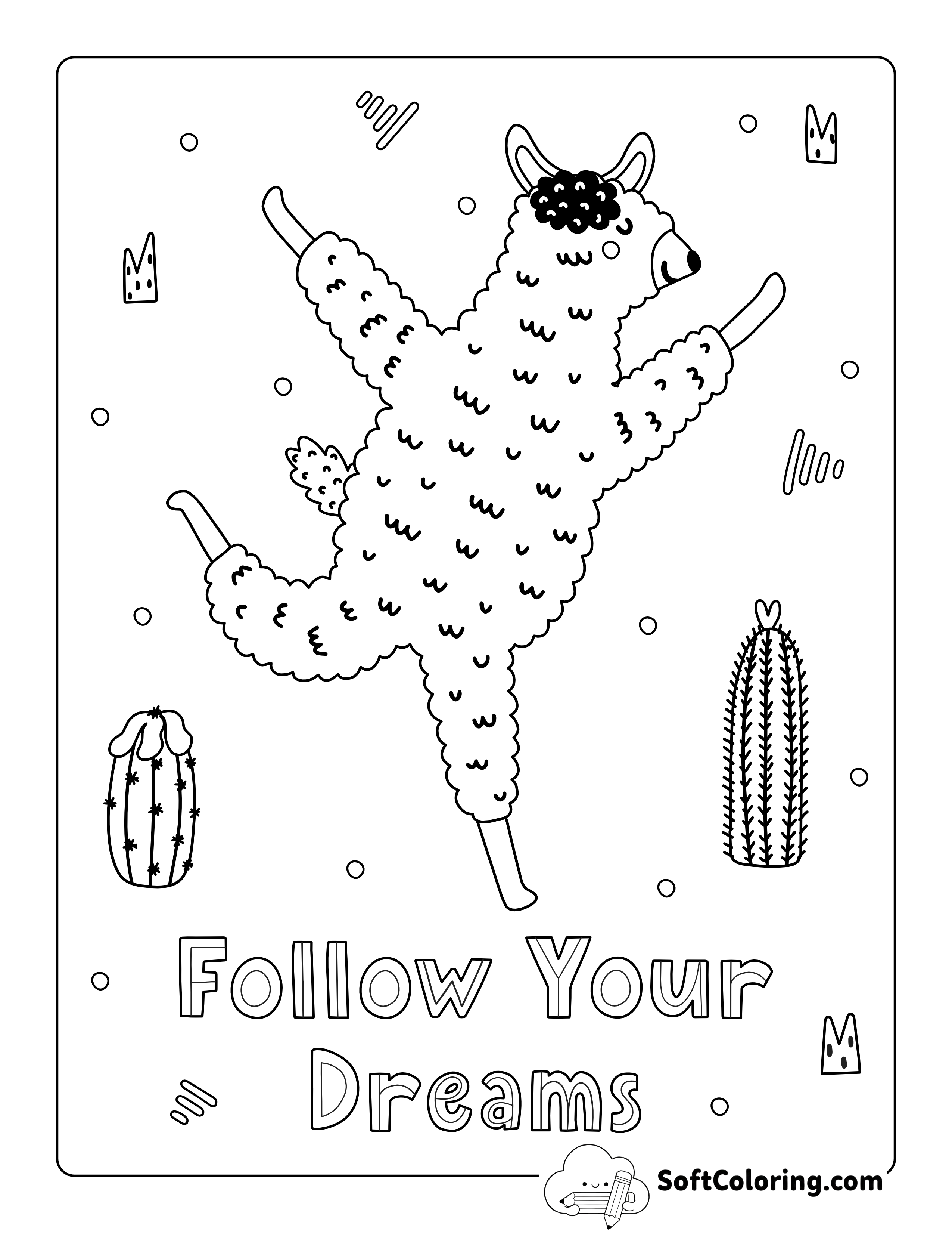 "Follow Your Dreams" Llama Coloring Page