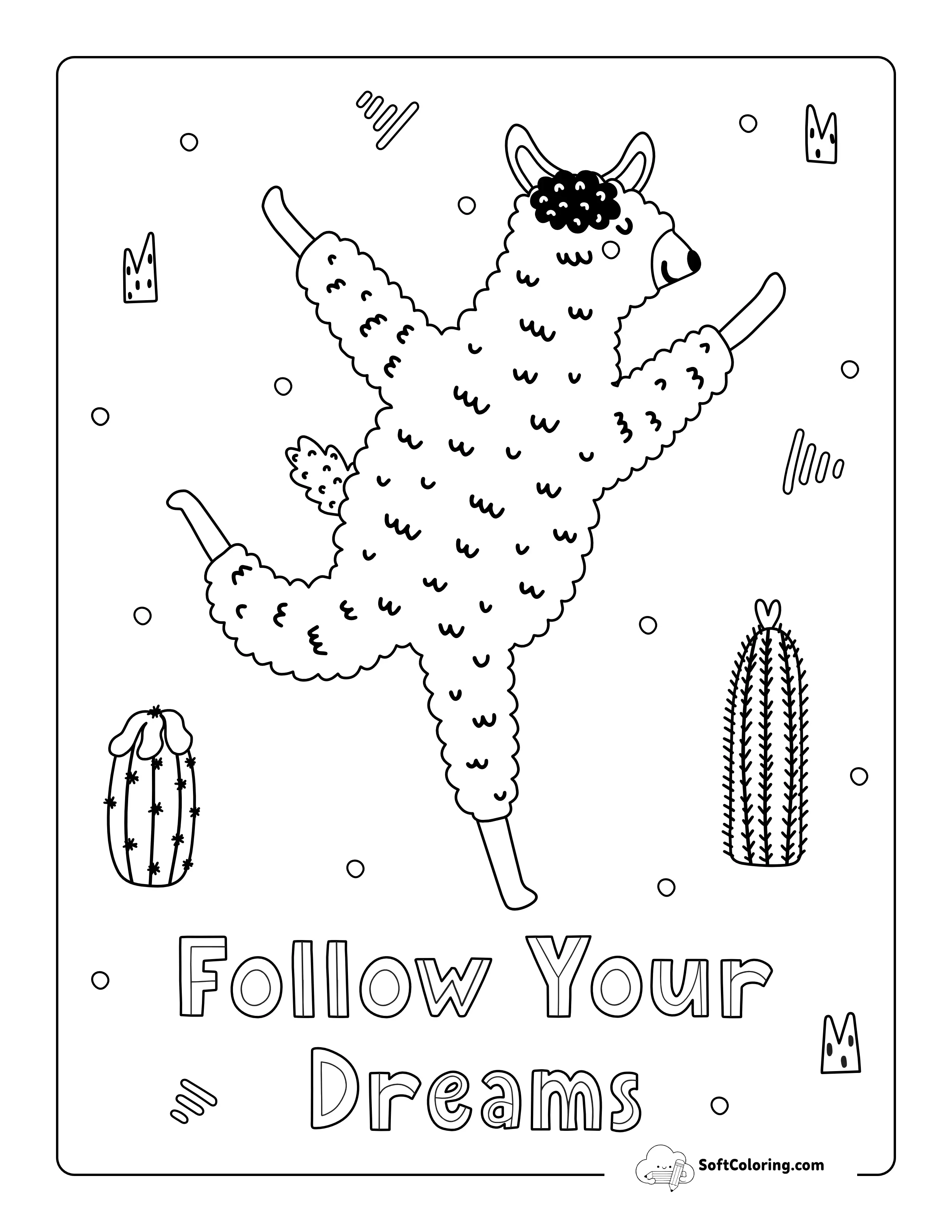 "Follow Your Dreams" Llama Coloring Page