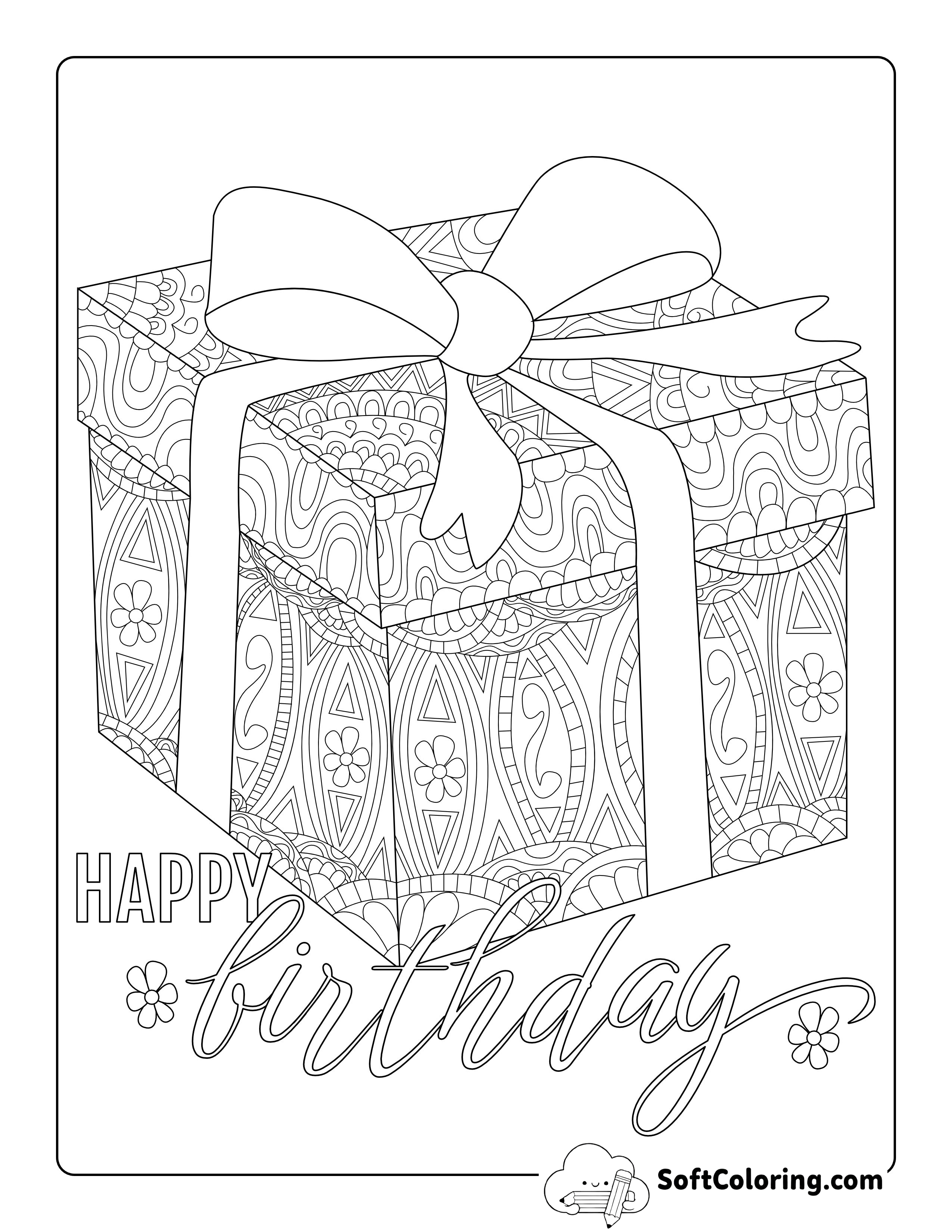 "Happy Birthday" Present Coloring Sheet for Adults