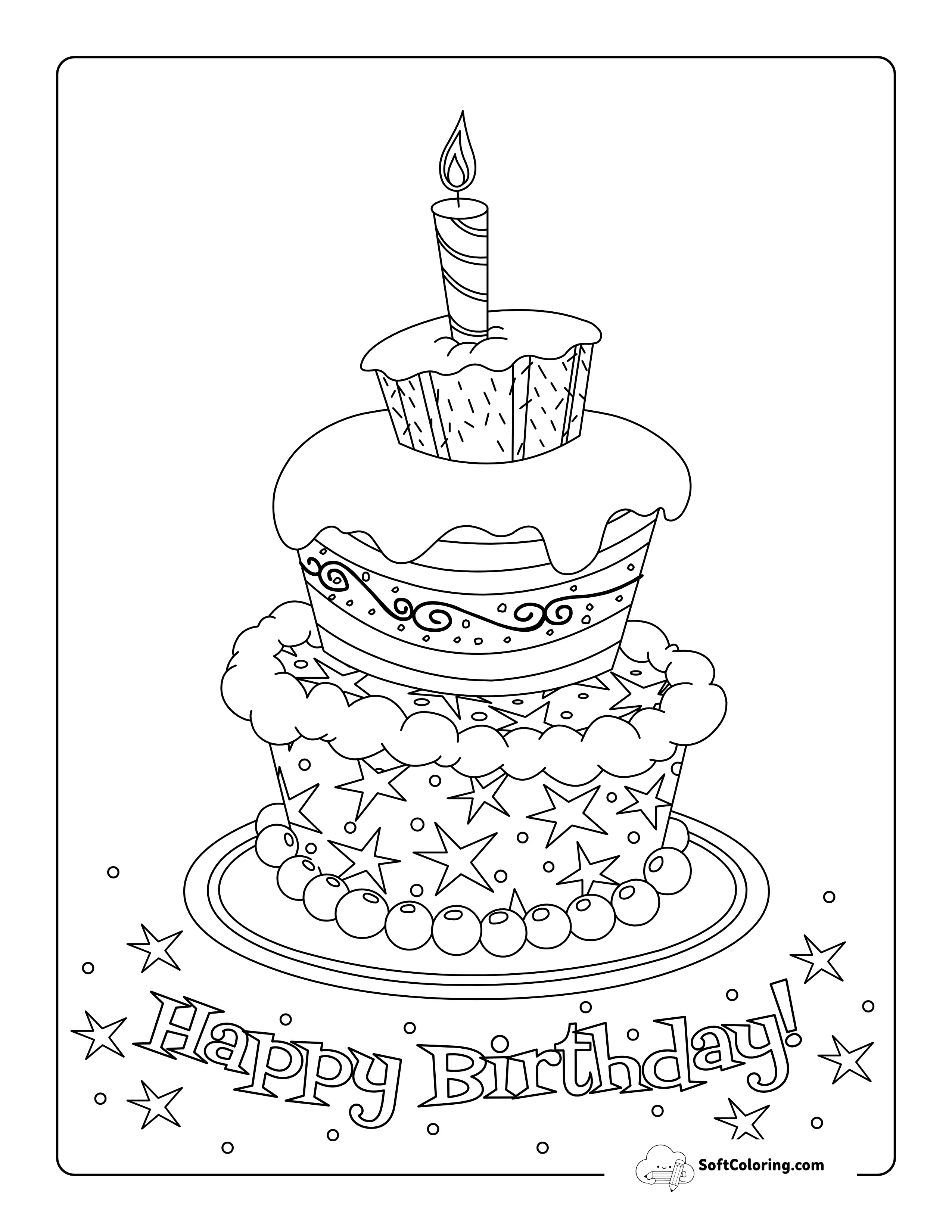 Tiered Birthday Cake Coloring Sheet