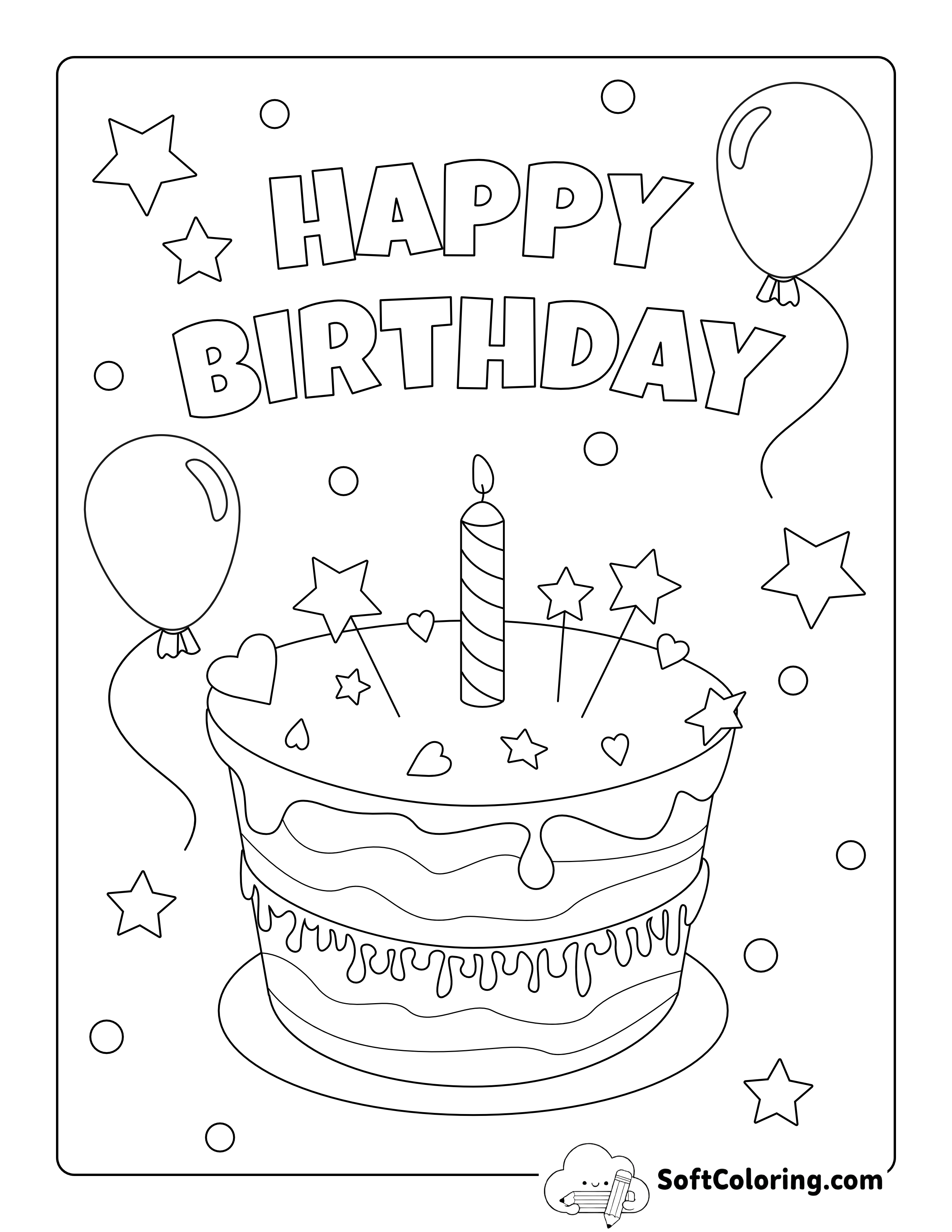 Cake & Balloons "Happy Birthday" Coloring Page