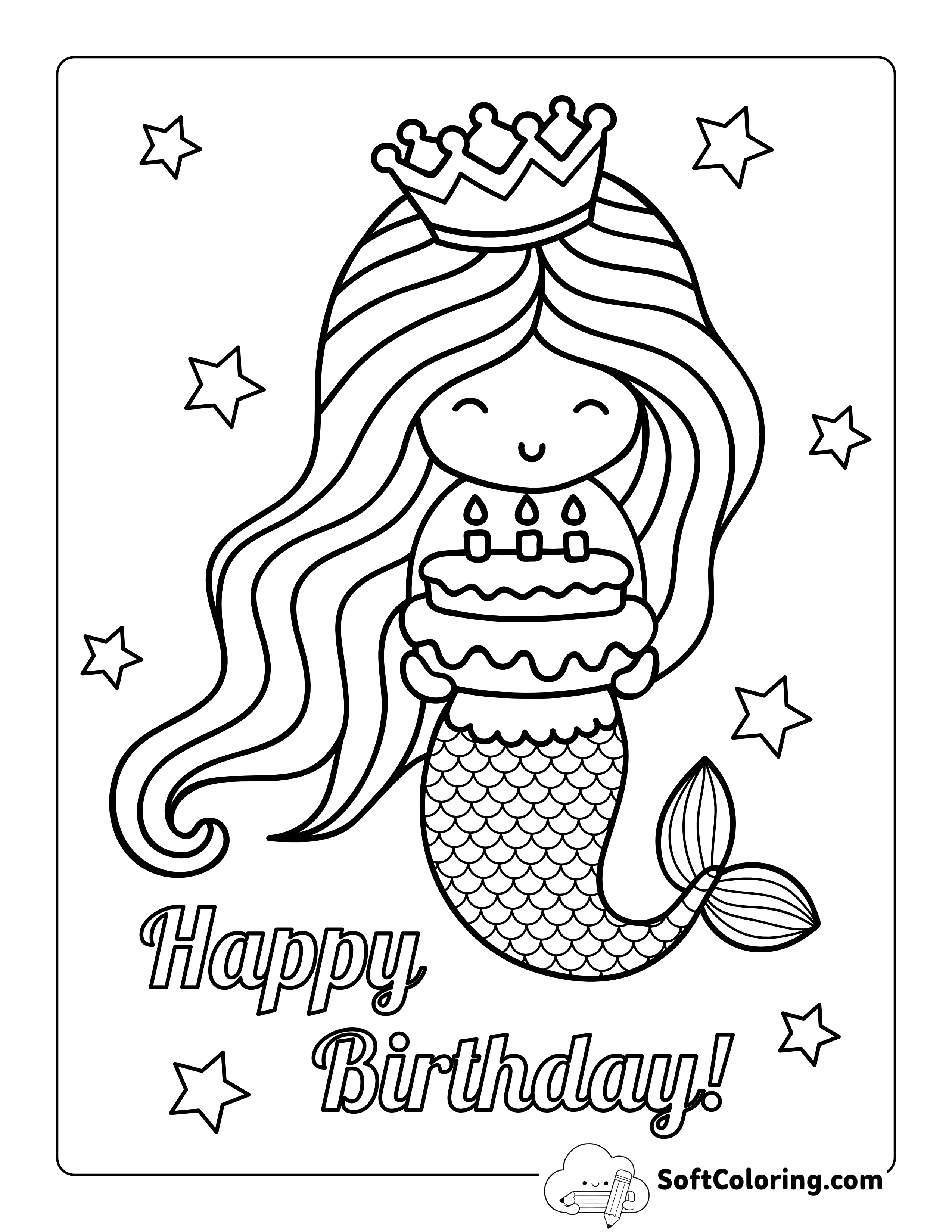 Mermaid "Happy Birthday" Coloring Page for Girls