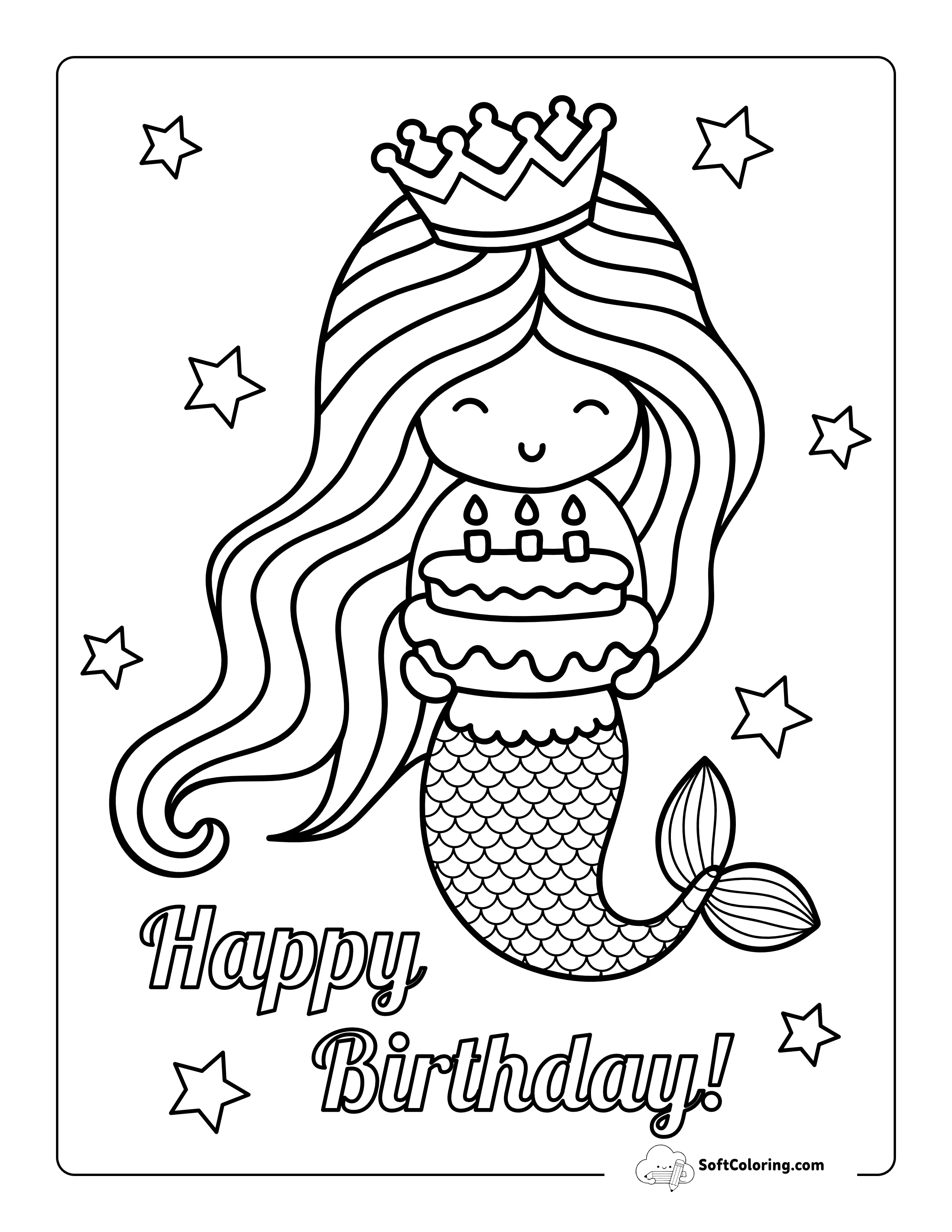 Mermaid "Happy Birthday" Coloring Page For Girls