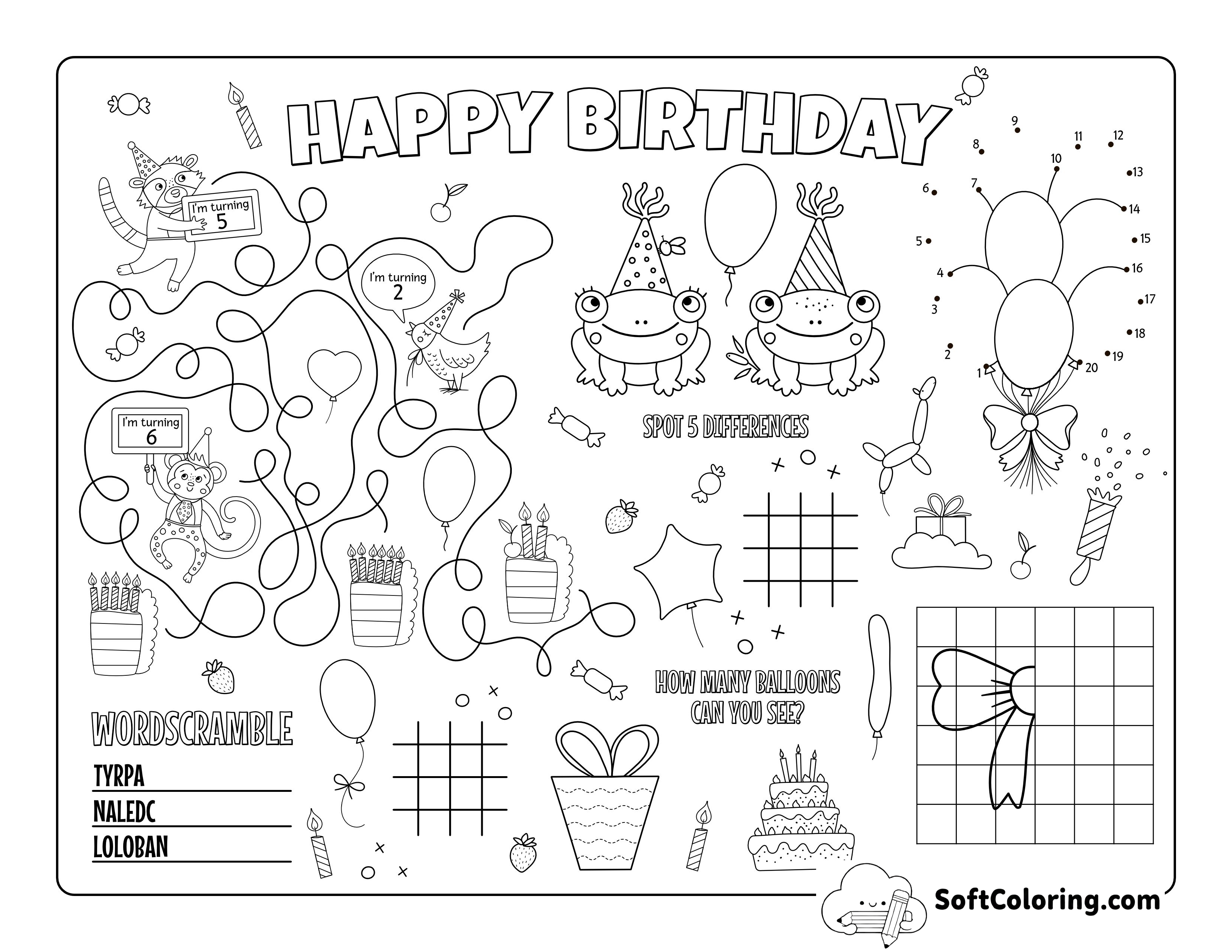 Birthday Activity Sheet to Color