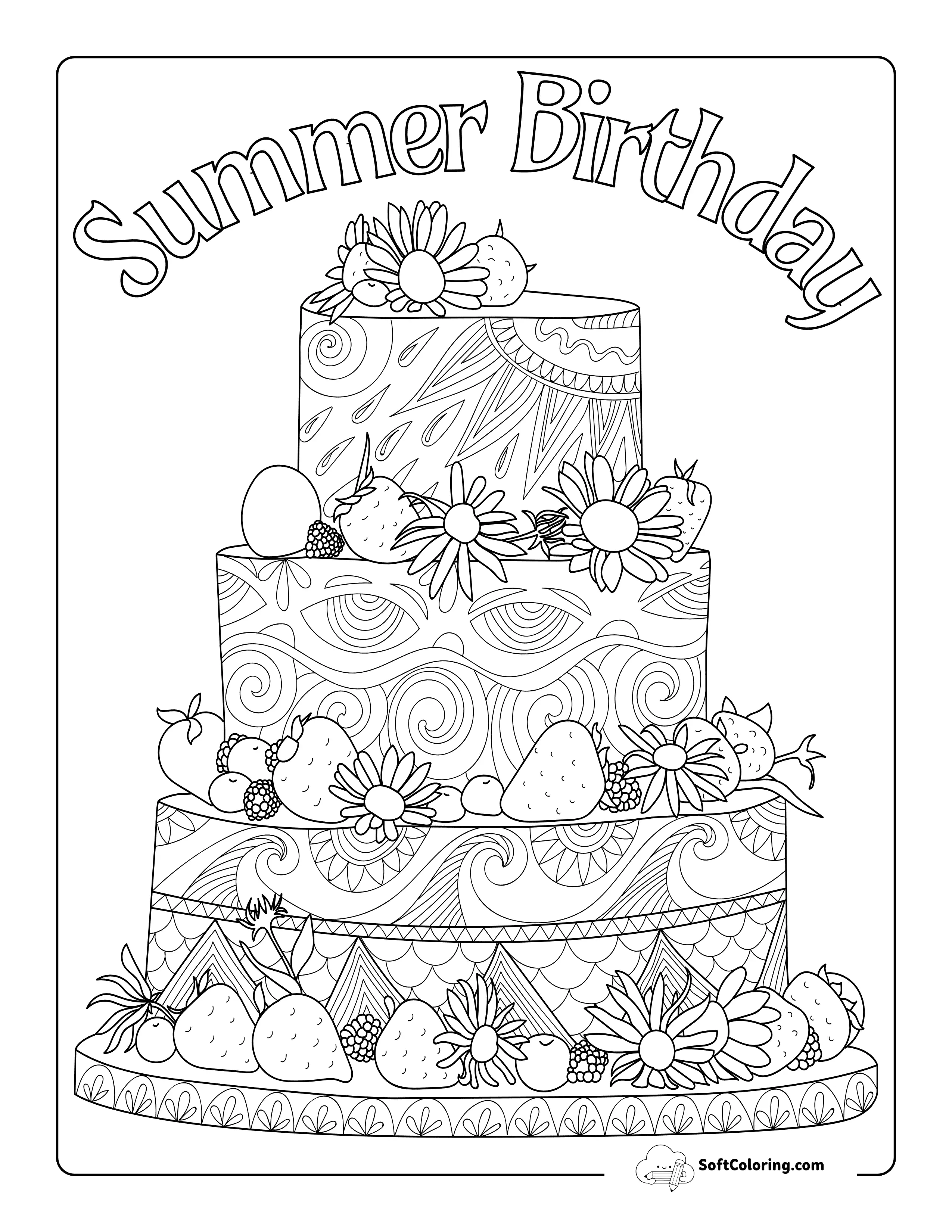 "Summer Birthday" Pretty Birthday Cake Zentangle For Adults
