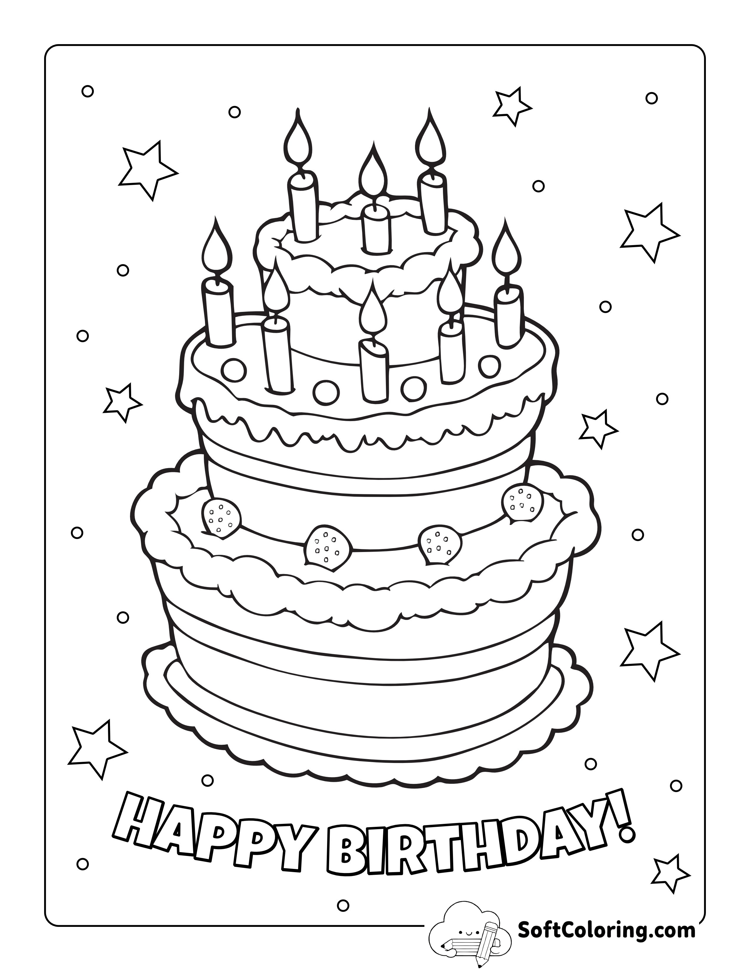 "Happy Birthday" Cake Coloring Page