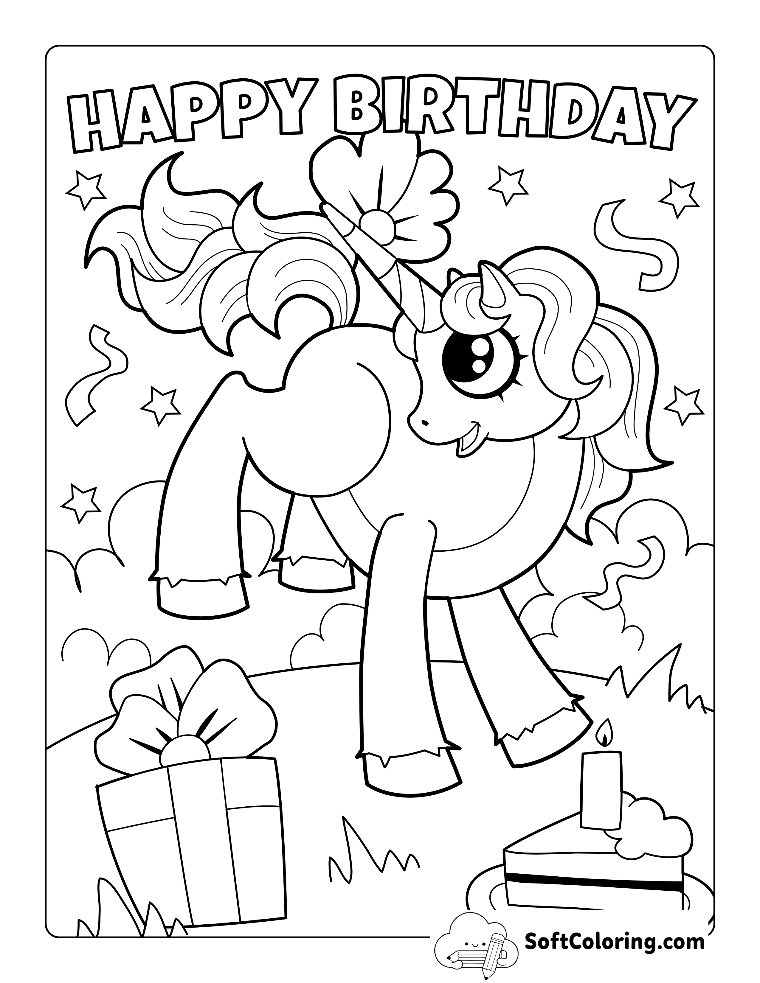 Birthday Unicorn Coloring Page