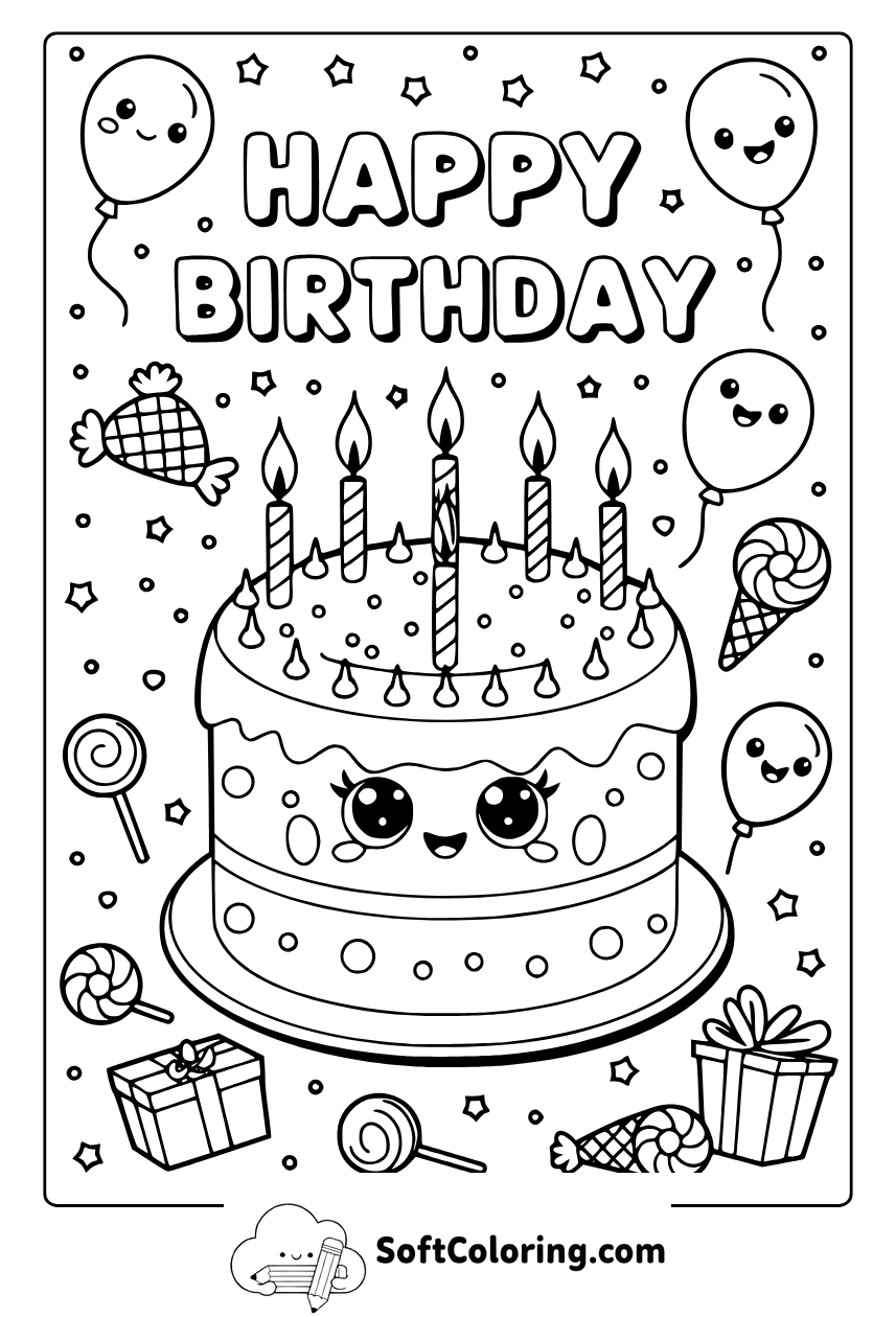 happy birthday with kawaii candies coloring page