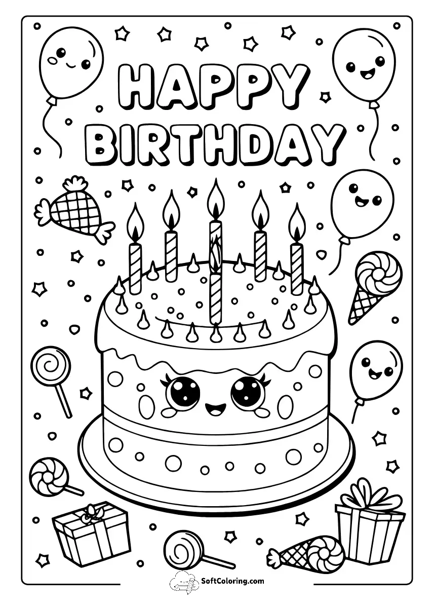 Happy Birthday With Kawaii Candies Coloring Page