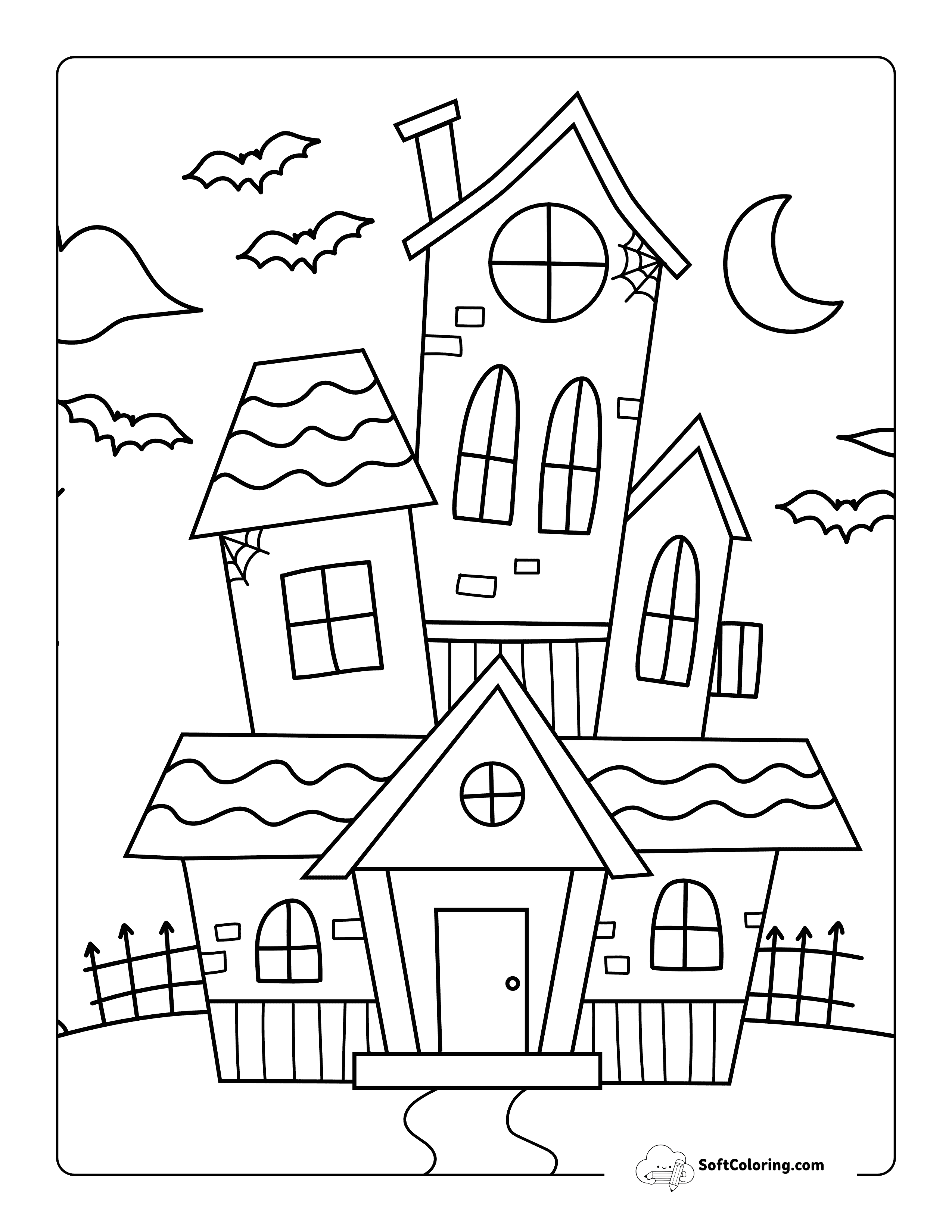 Simple Cute Haunted House Printable With Bats And Crescent Moon