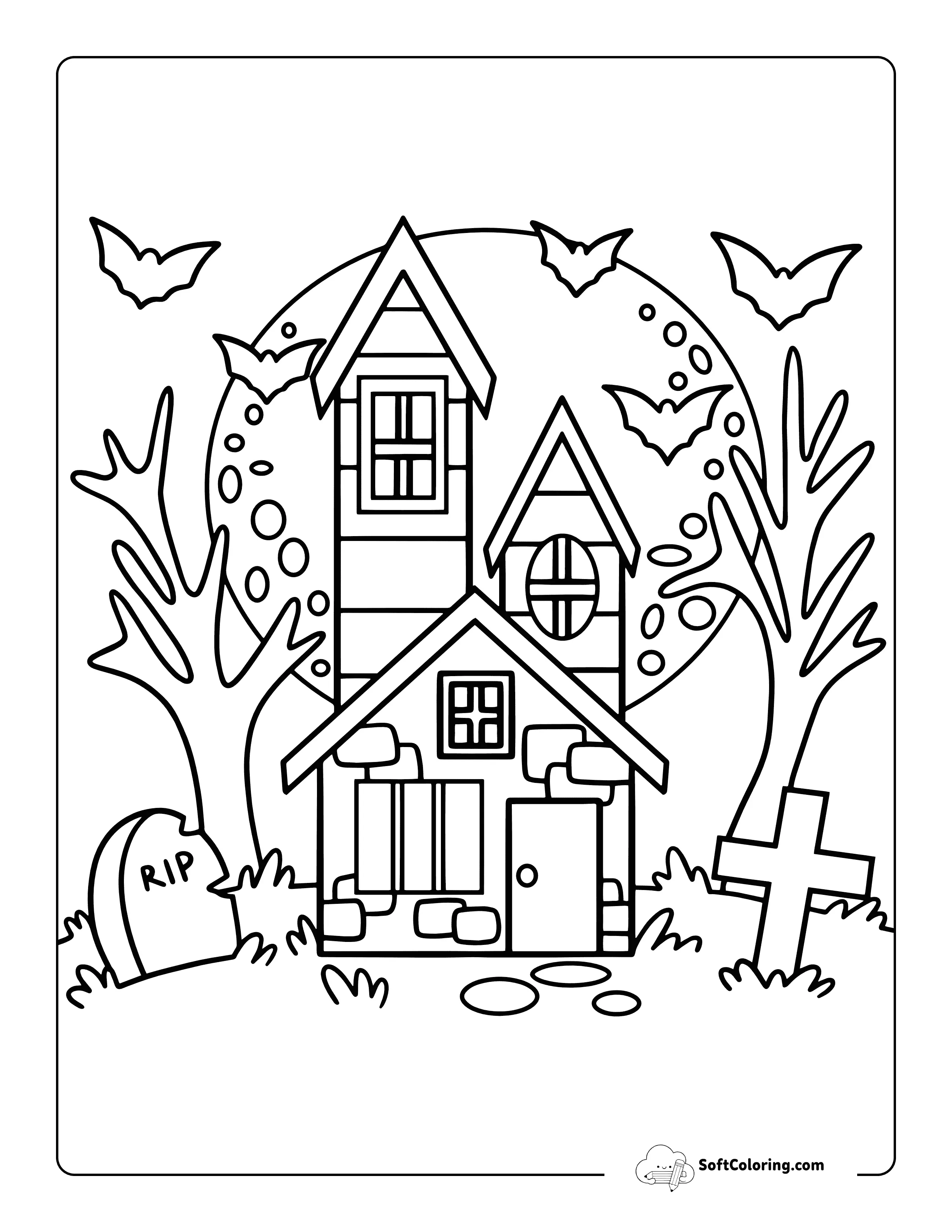 Haunted House With Bats And Graves - Simple Coloring Page ForKids