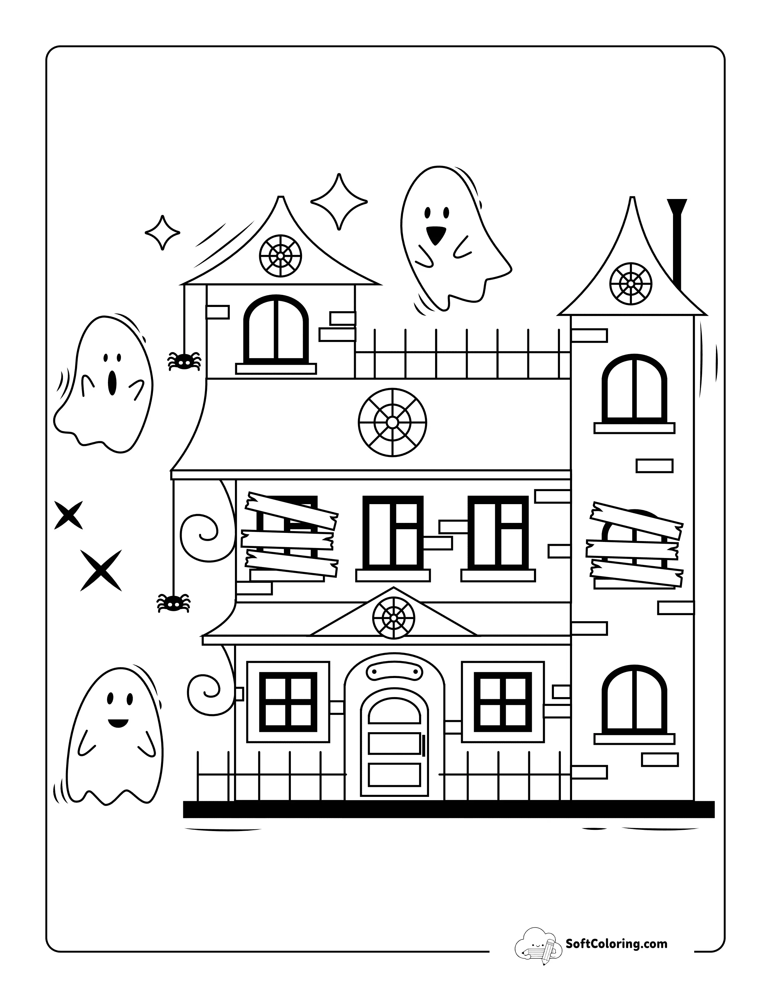 Simple Haunted House With Cute Ghosts - Coloring Page For AllAges