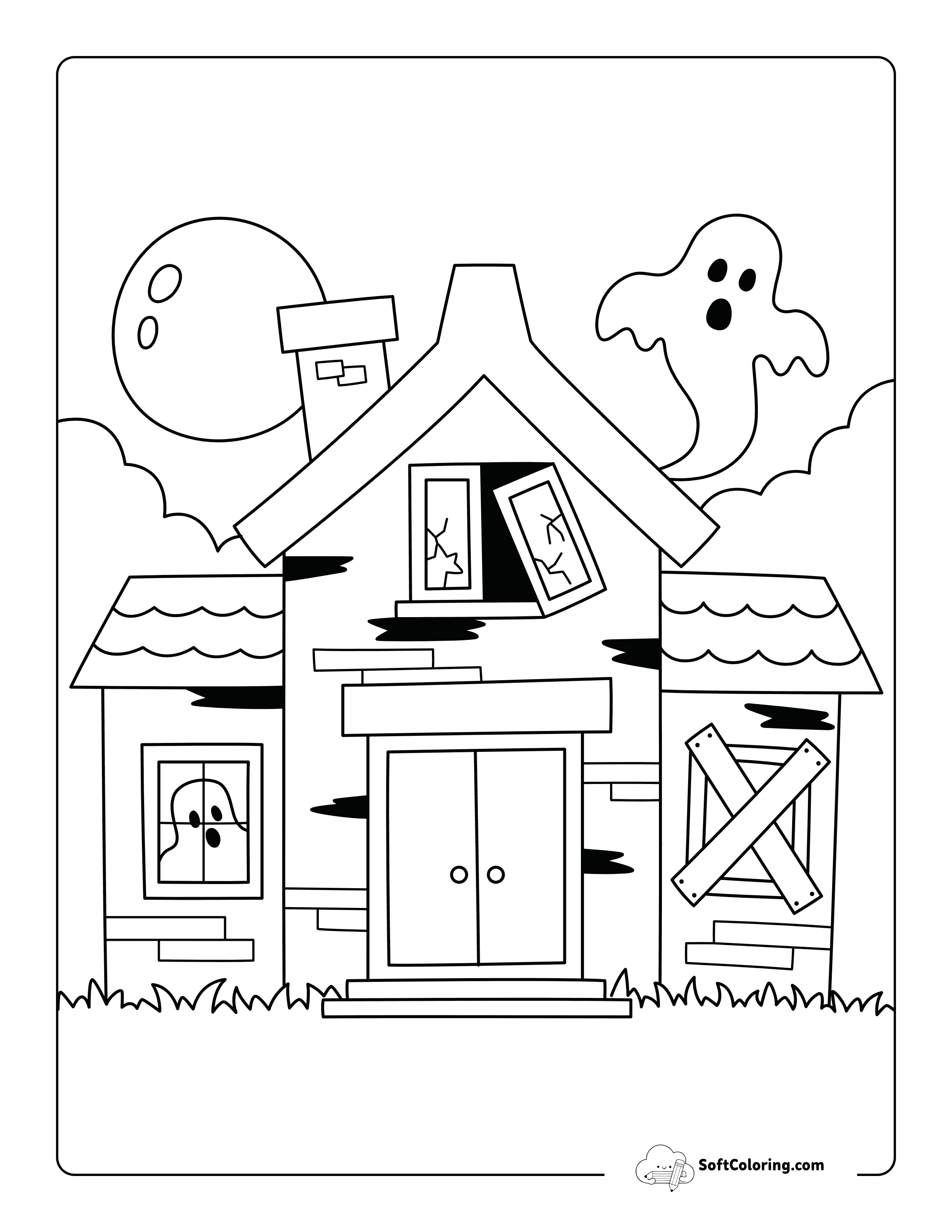 Simple Haunted House With Silly Ghosts Coloring Page