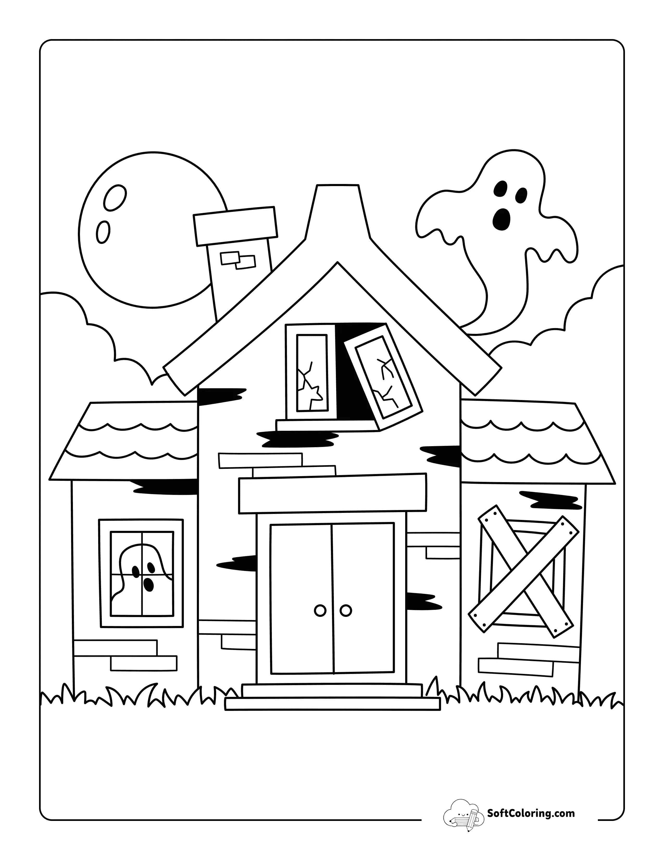 Simple Haunted House With Silly Ghosts Coloring Page