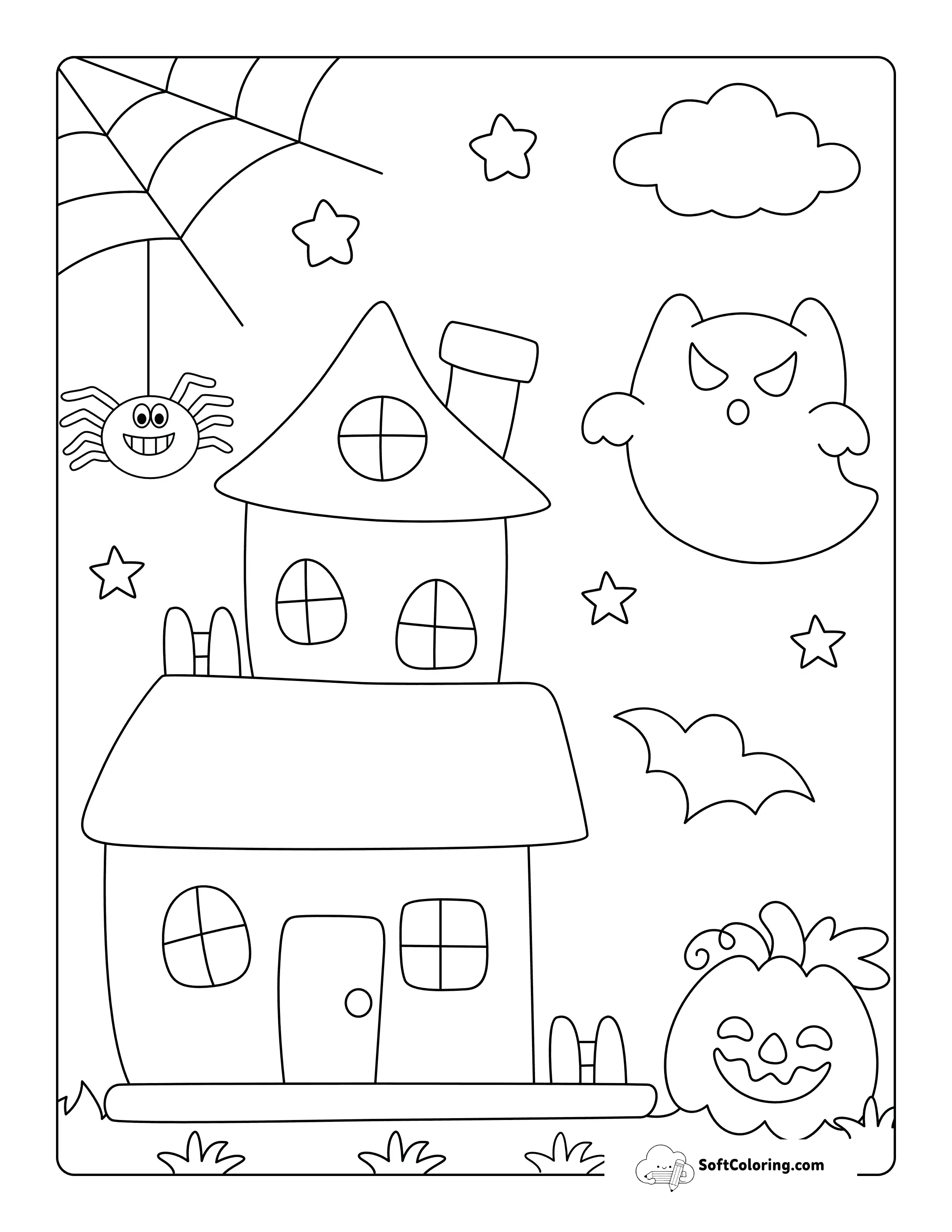 Easy Cute Haunted House Coloring Page For Kids