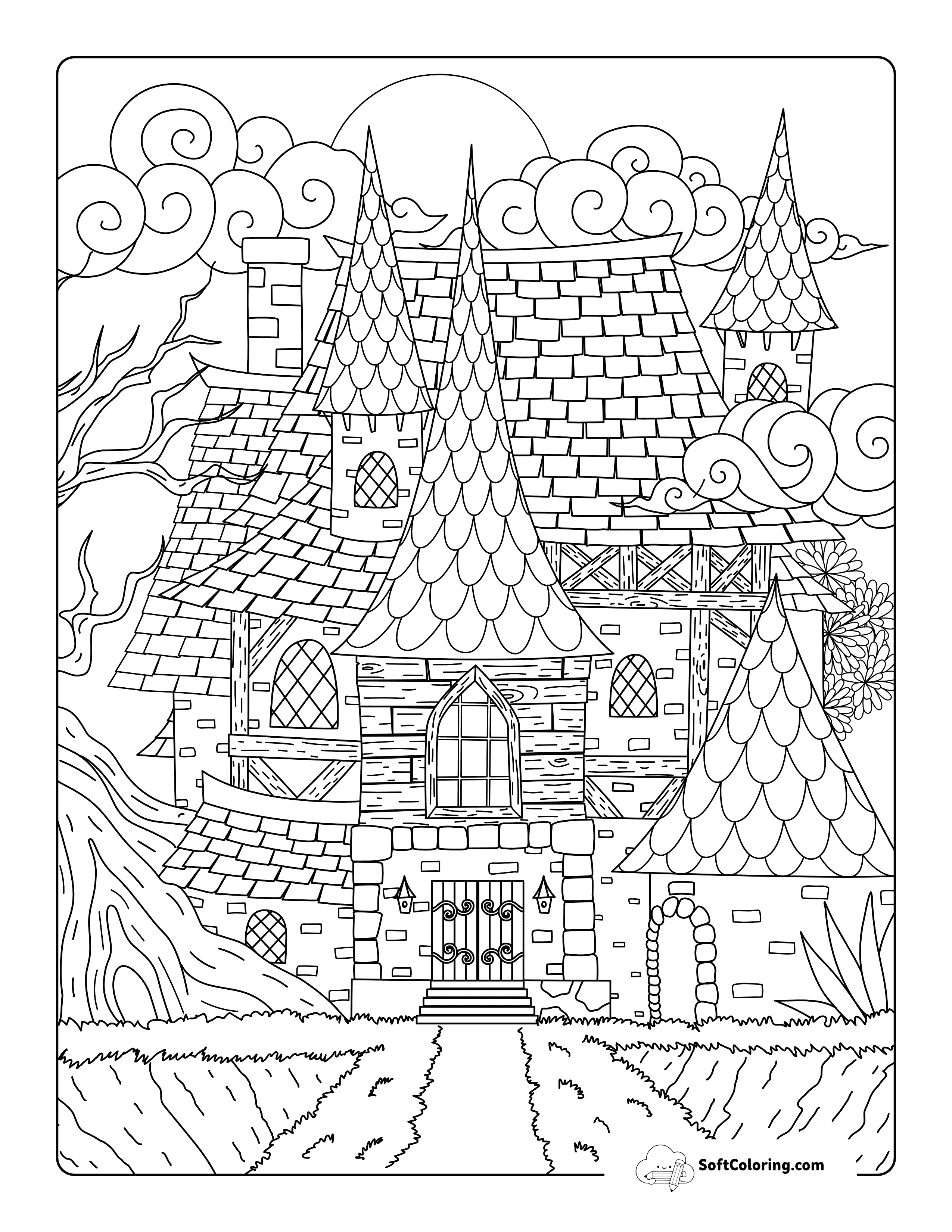 Realistic Cliffside Haunted House Drawing To Color