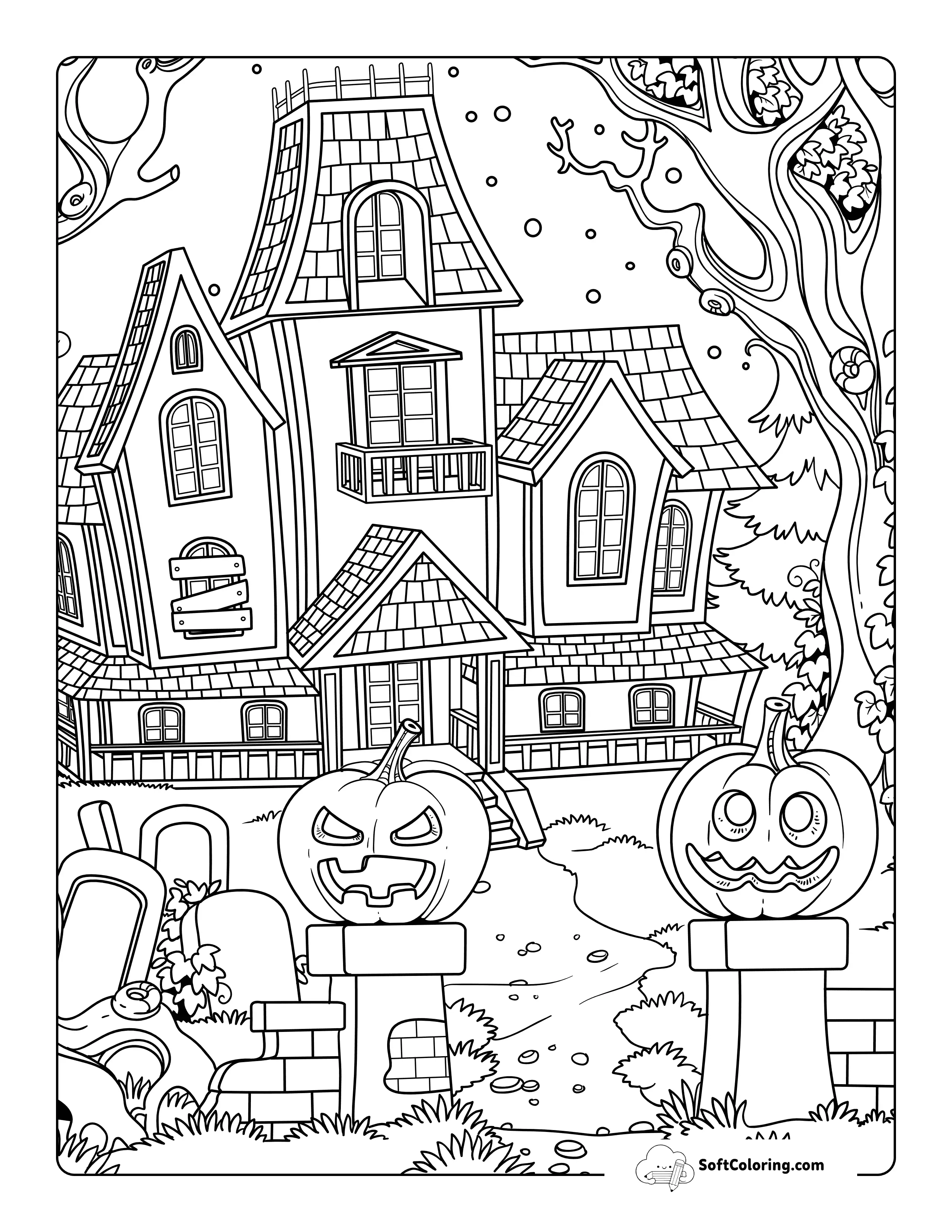 Realistic Spooky Haunted House Drawing To Color
