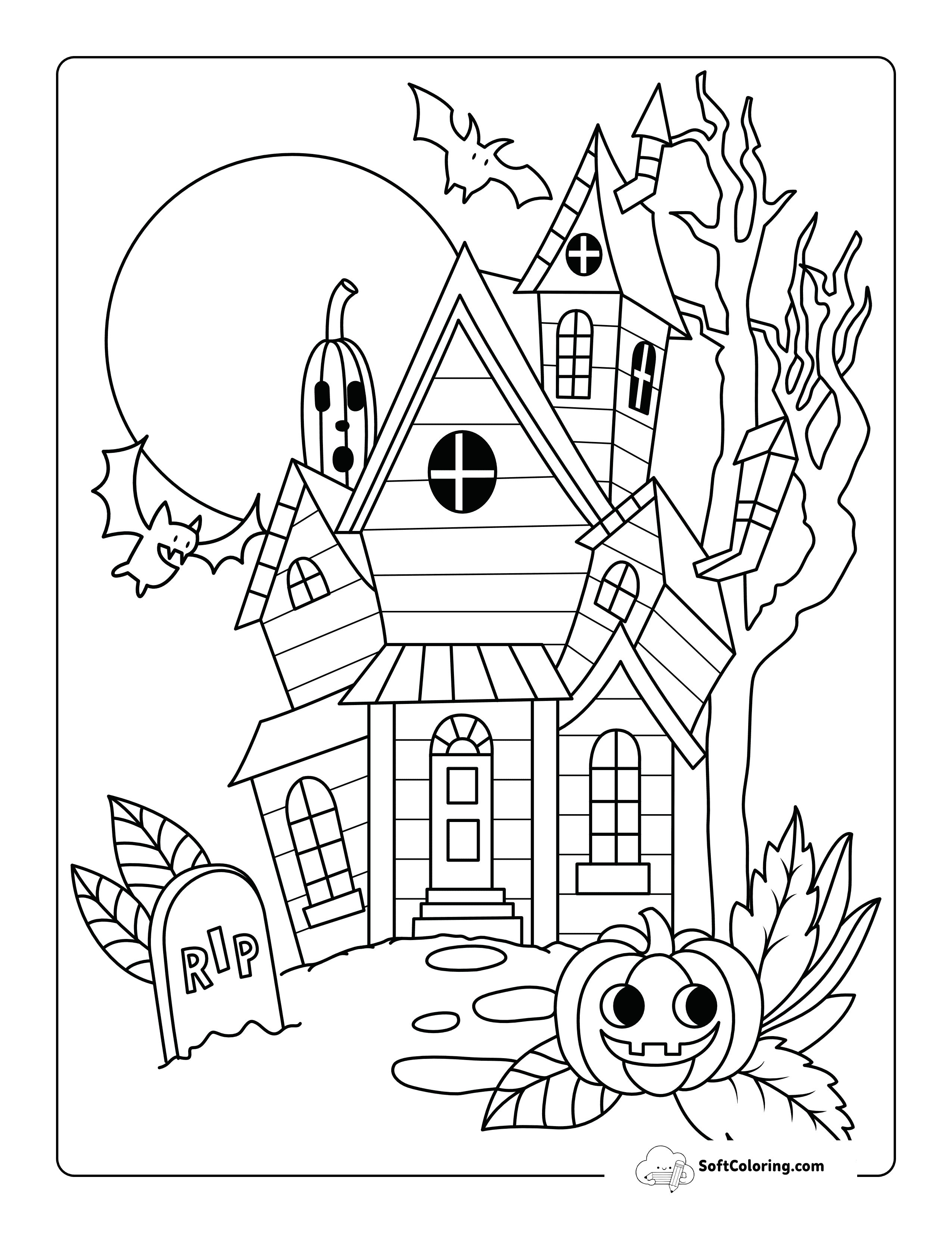 Haunted House With Cute Bats - Simple Coloring Page For Kids