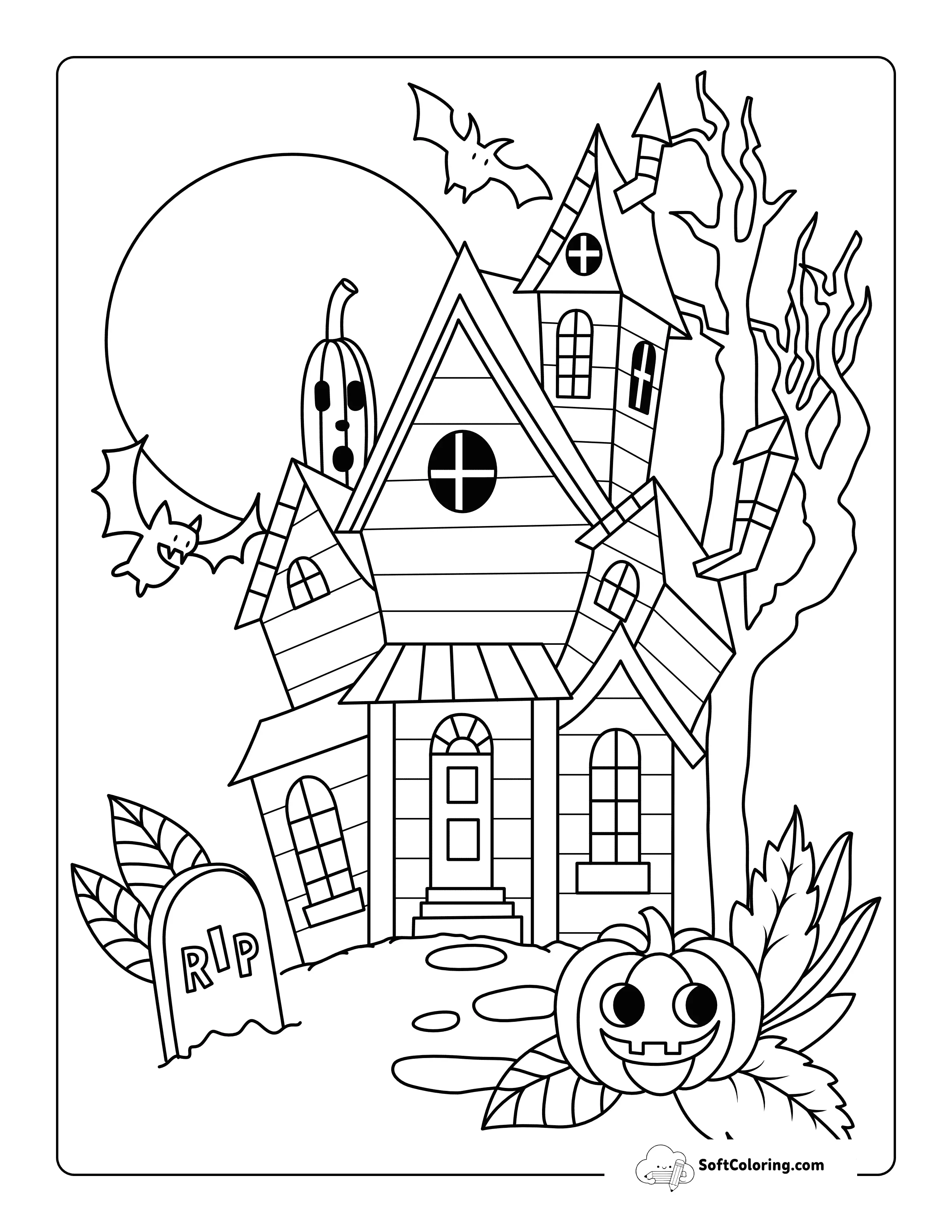 Haunted House With Cute Bats - Simple Coloring Page For Kids