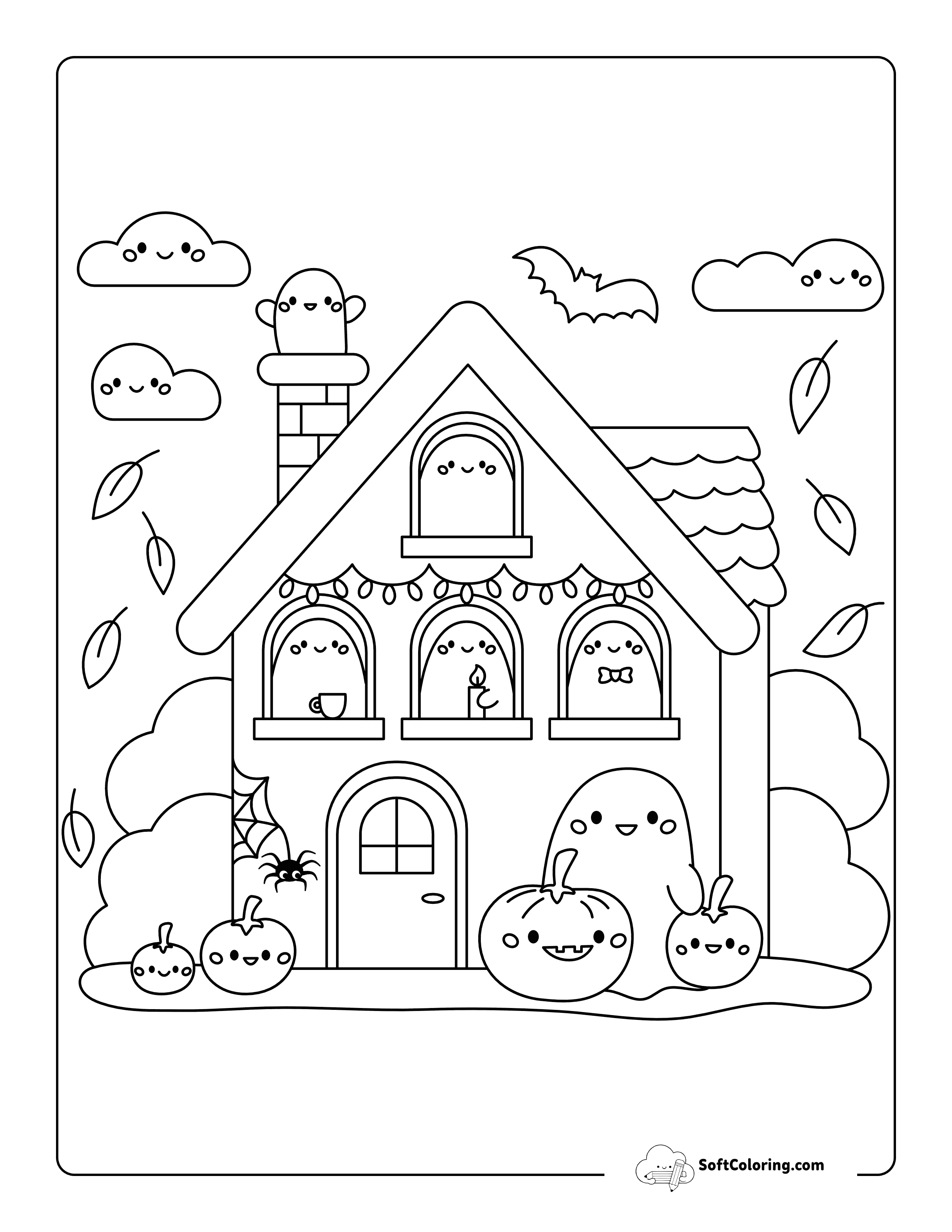 Simple Cute Haunted House Coloring Sheet With Kawaii Ghosts