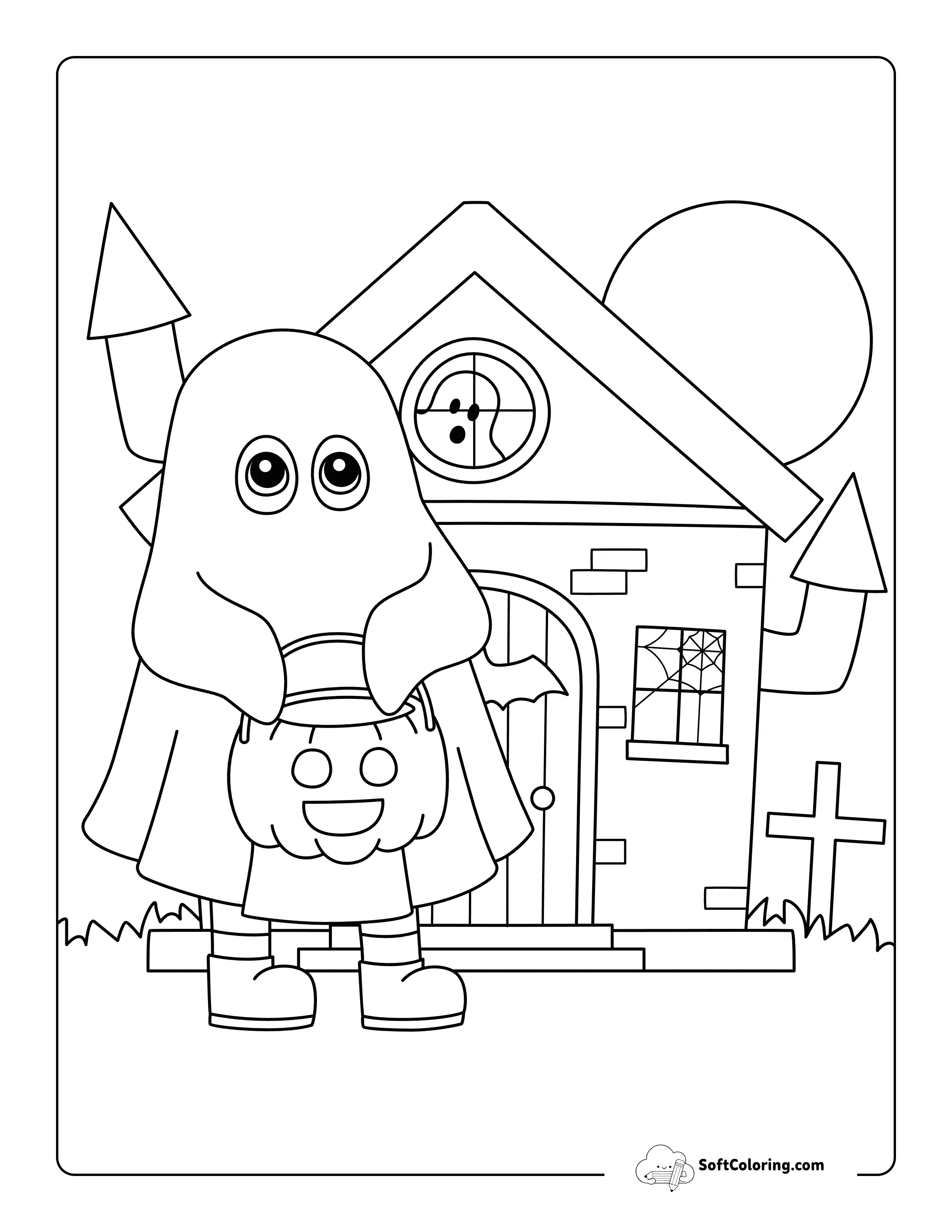 Simple Haunted House Trick Or Treating Coloring Page