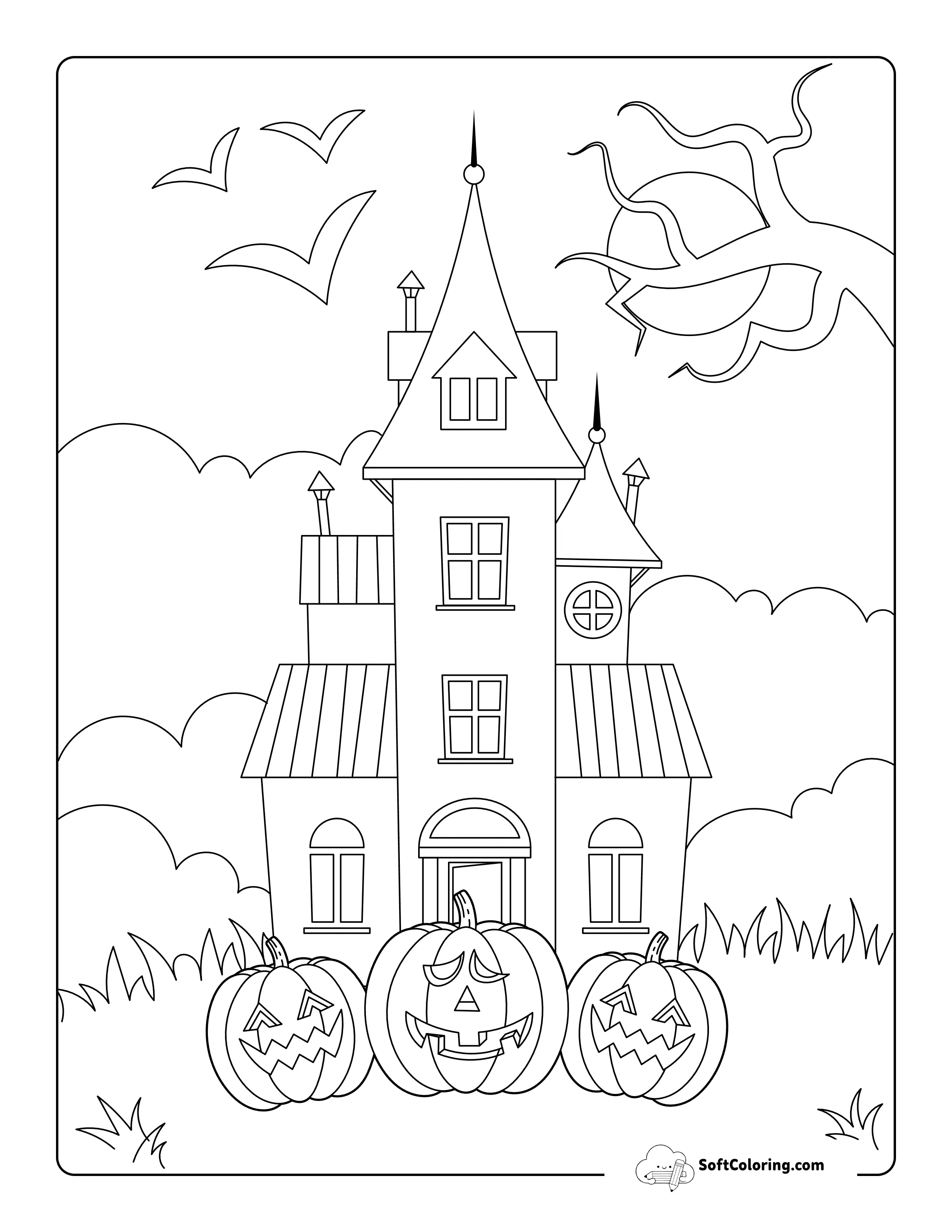 Simple Haunted House With Jack-O'-Lanterns In Front Coloring Page