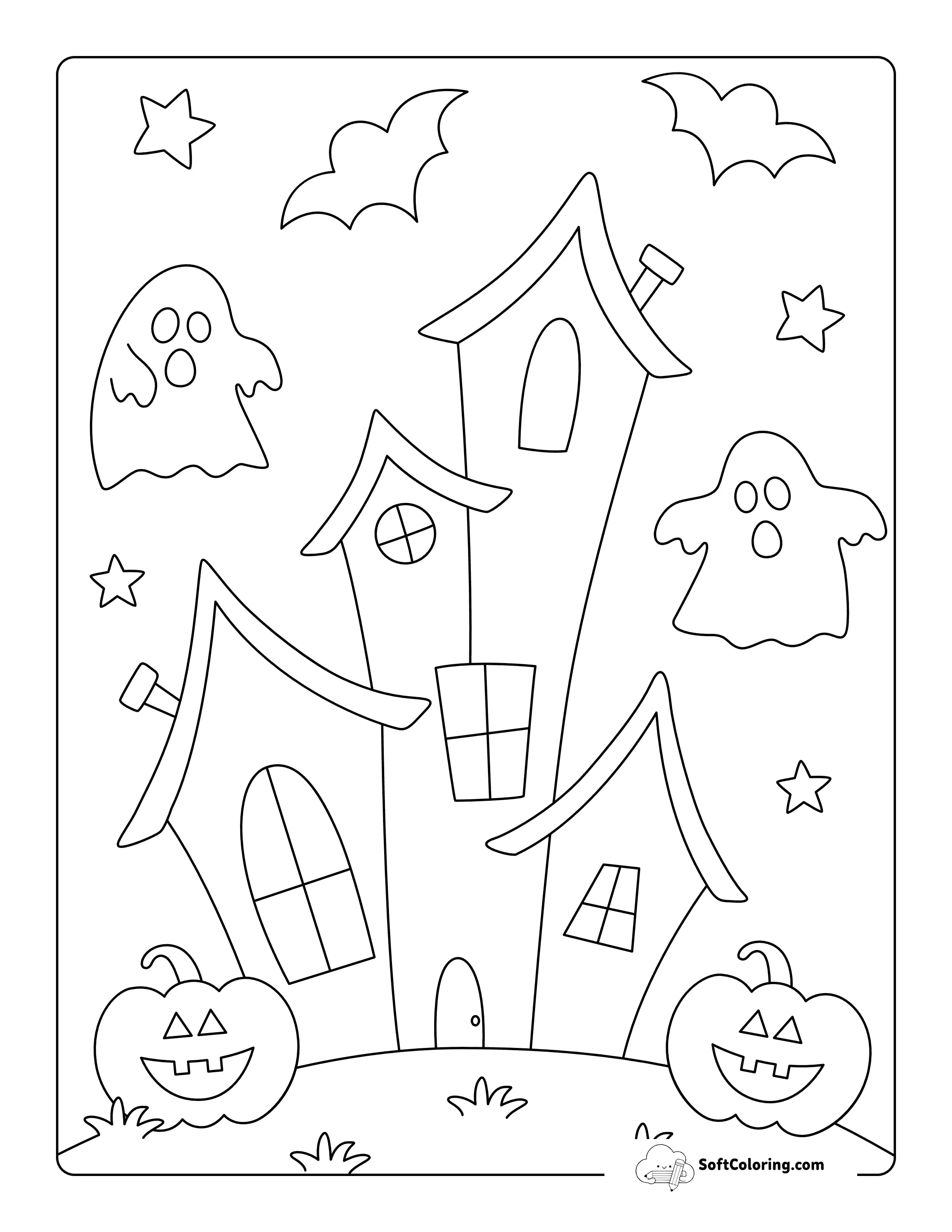 Simple Haunted House With Bats, Ghosts, & Jack-O'-Lanterns
