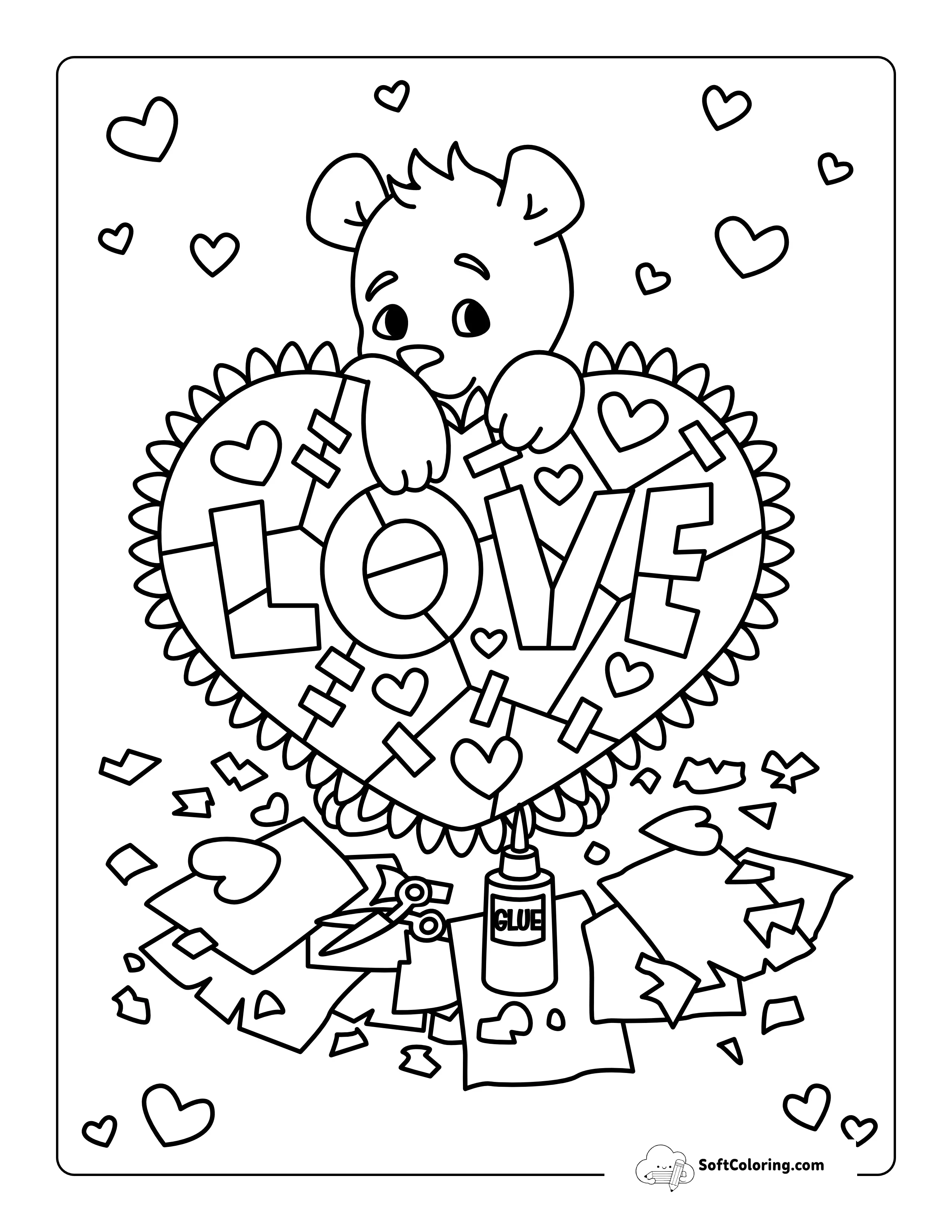 Cute Bear With Valentine's Day Craft Coloring Sheet