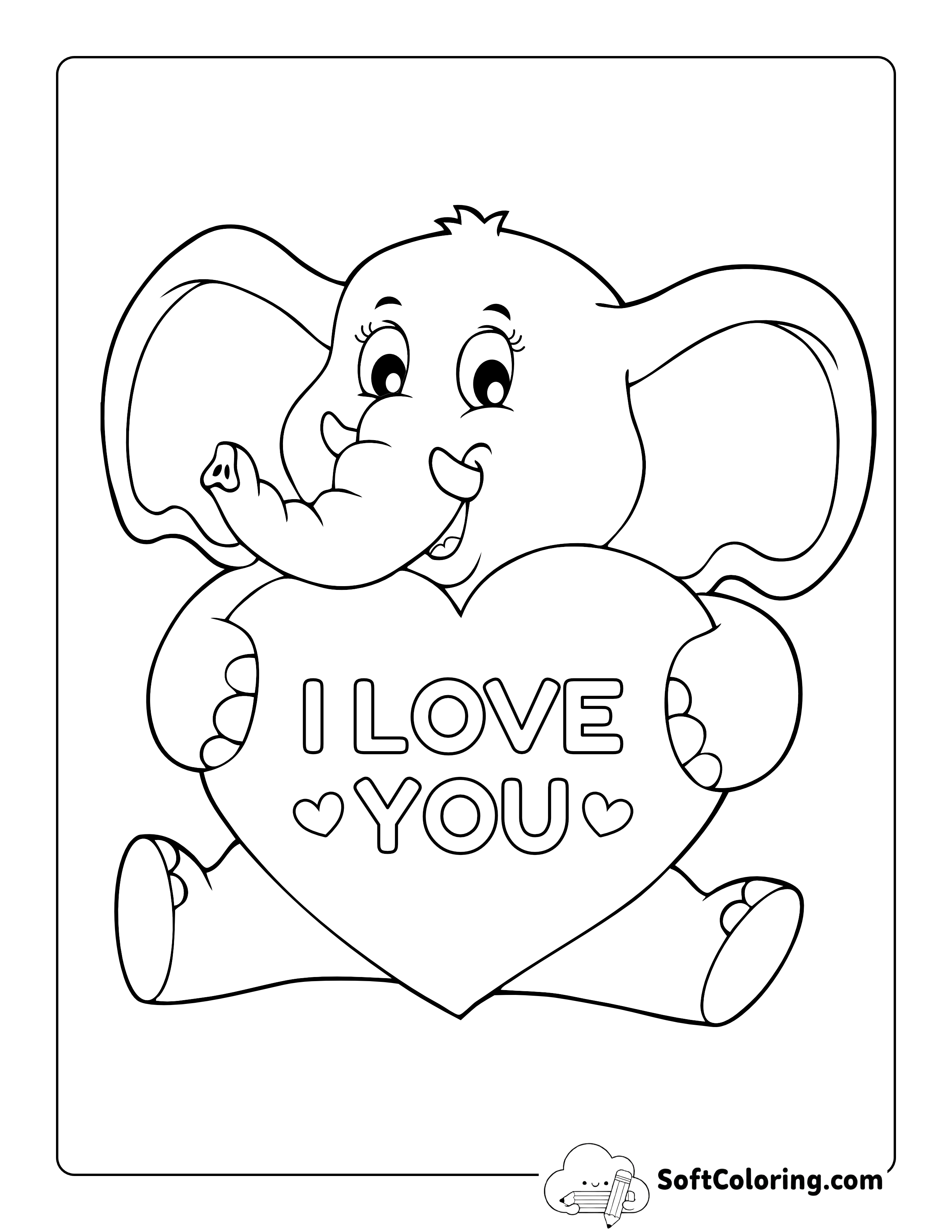 Cute Elephant with Heart Coloring Sheet for Kids