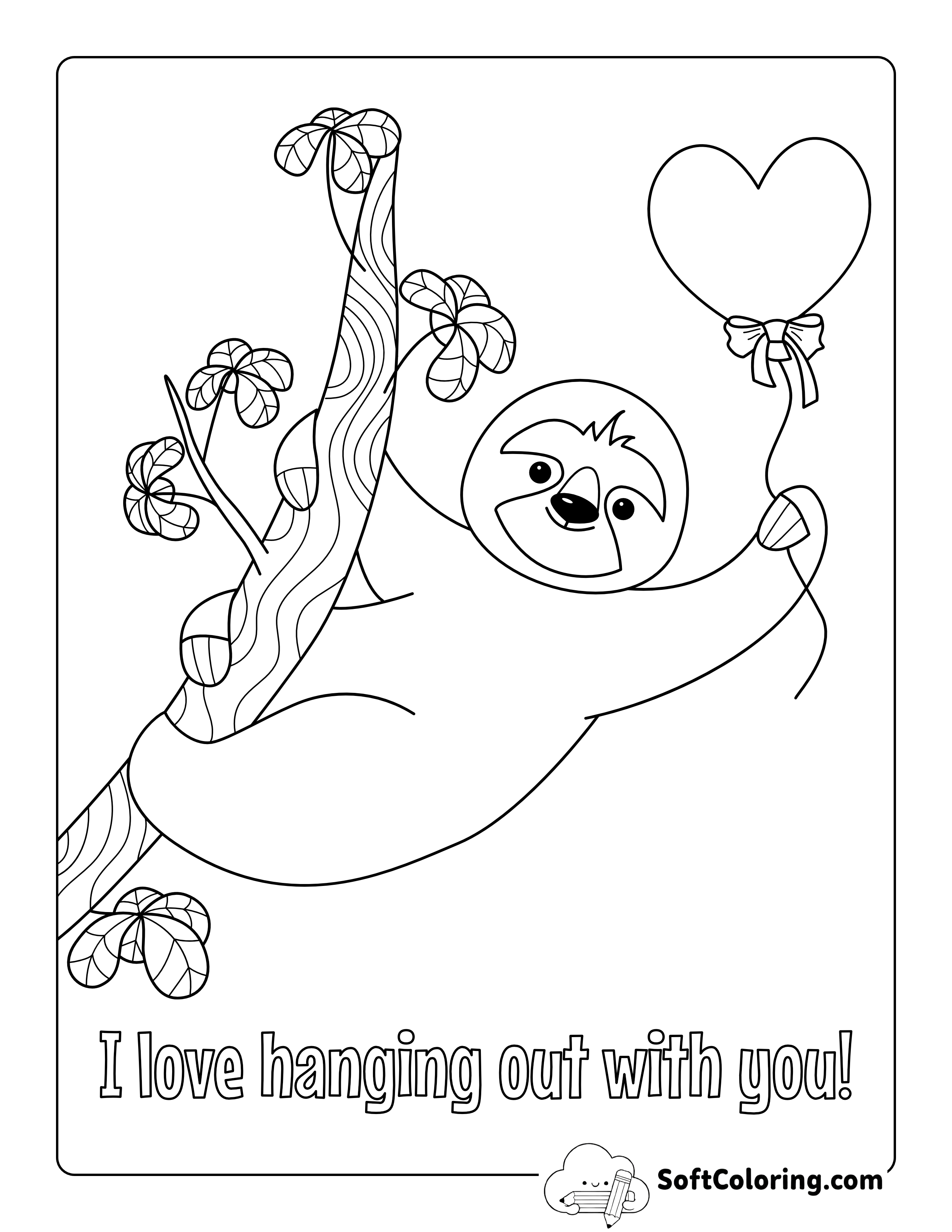 Cute Sloth with Heart Balloon Picture to Color