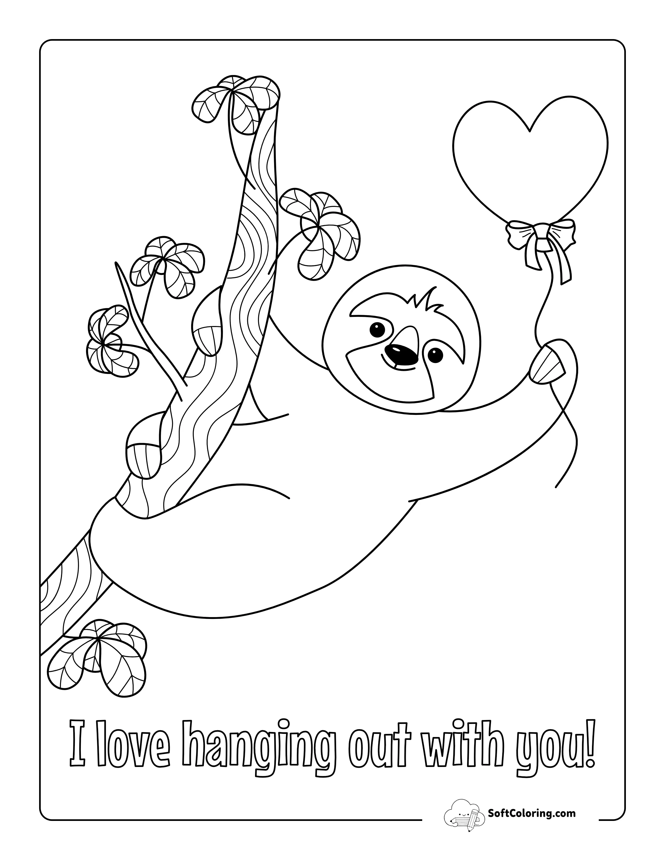 Cute Sloth With Heart Balloon Picture To Color