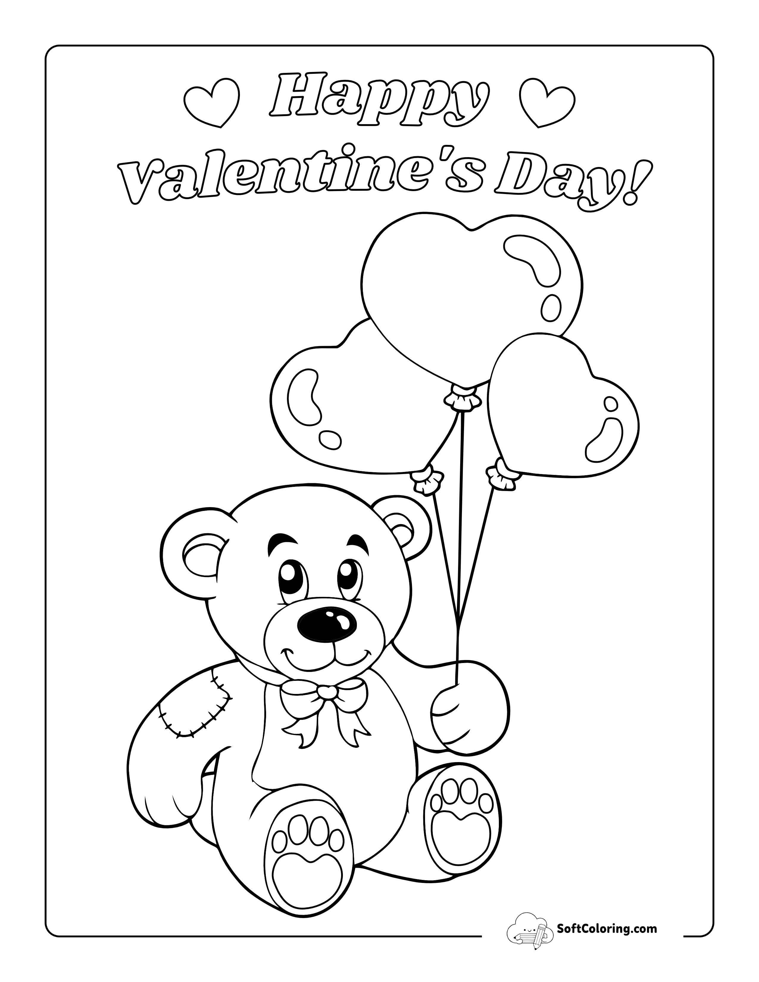 Cute Teddy Bear With Heart Balloons Coloring Page