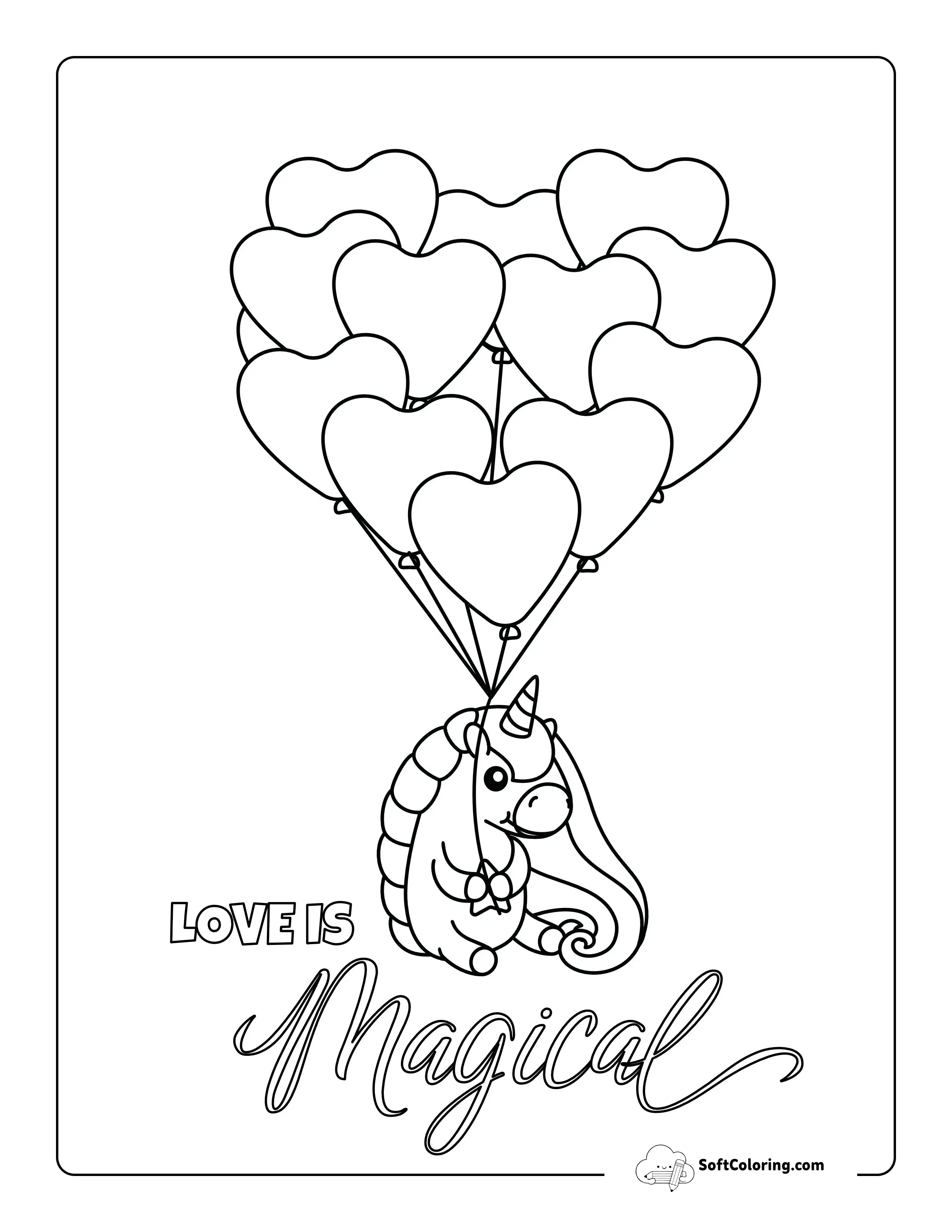 Cute Unicorn With Heart-Shaped Balloons Coloring Page