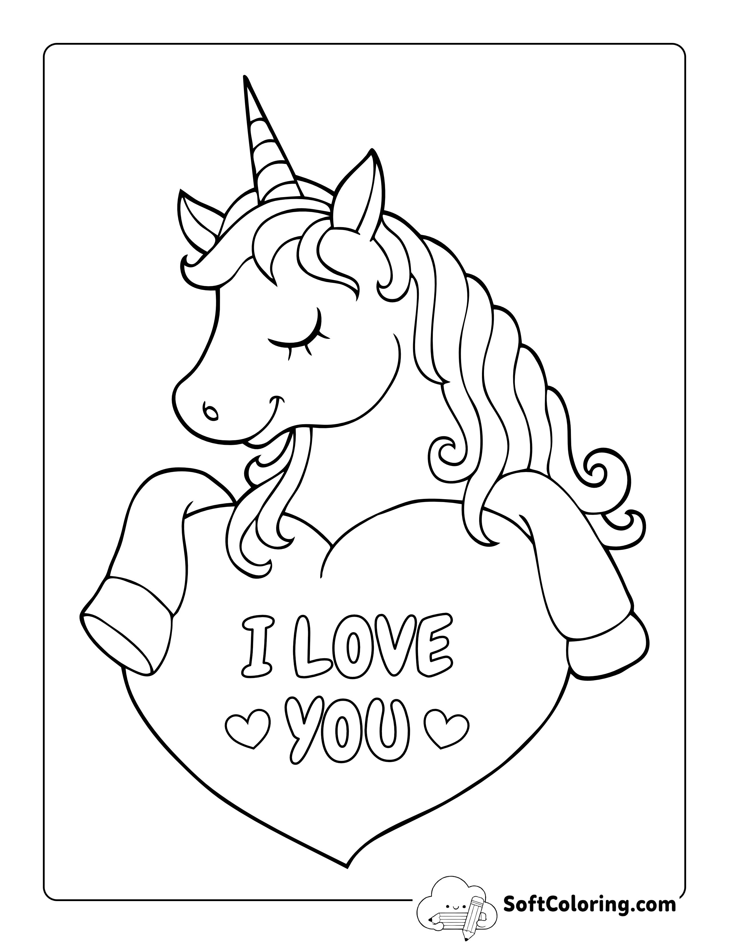 I Love You Cute Unicorn Coloring Page