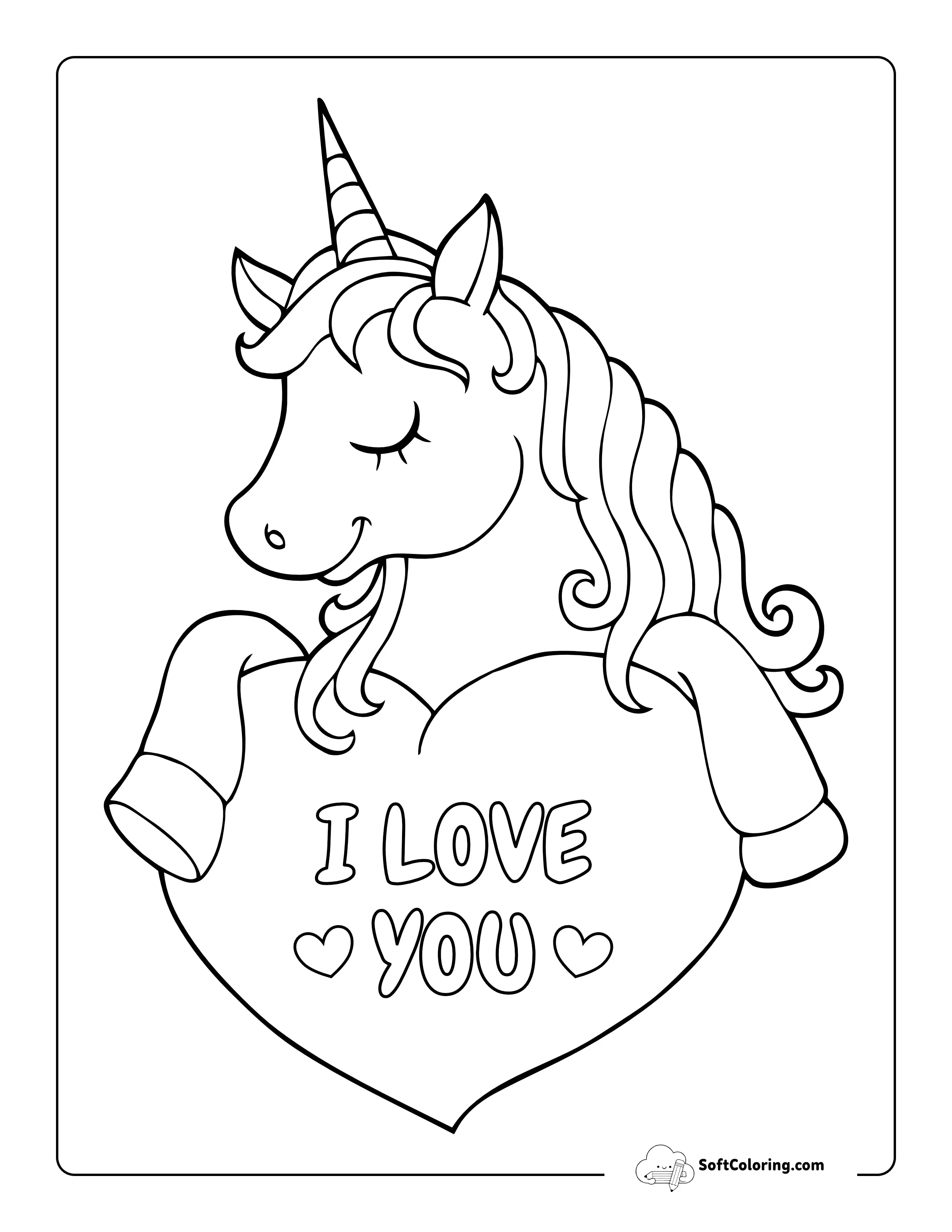 Cute Unicorn "I Love You" Coloring Page For Kids