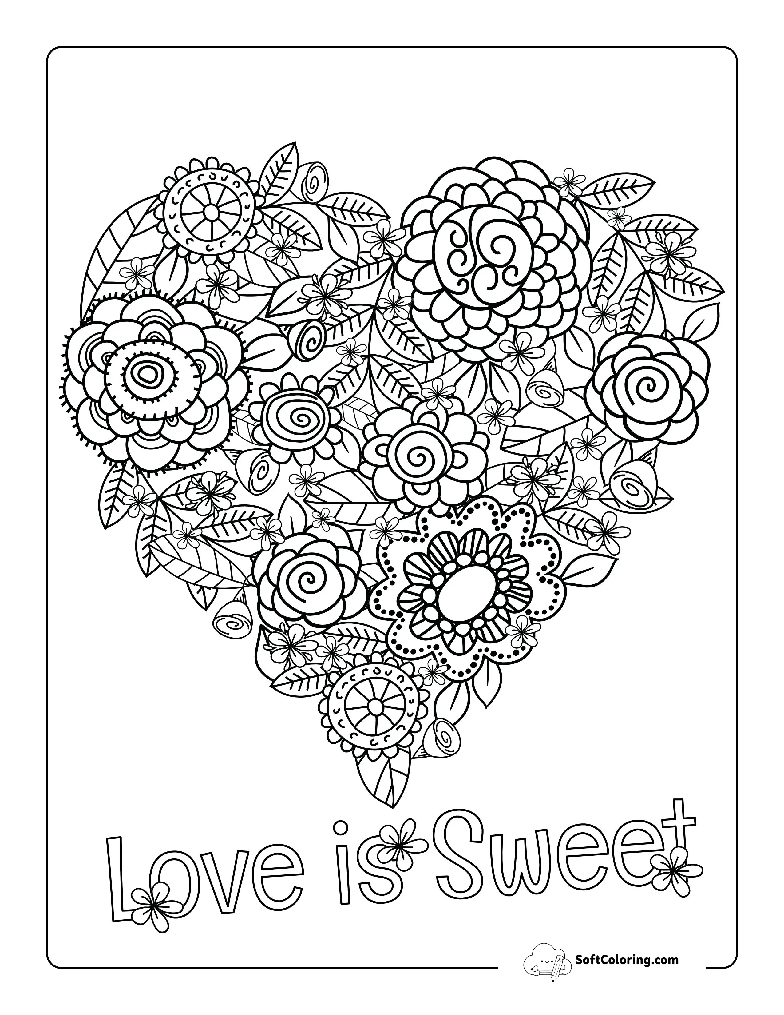 "Love Is Sweet" Flower Heart Doodle To Color