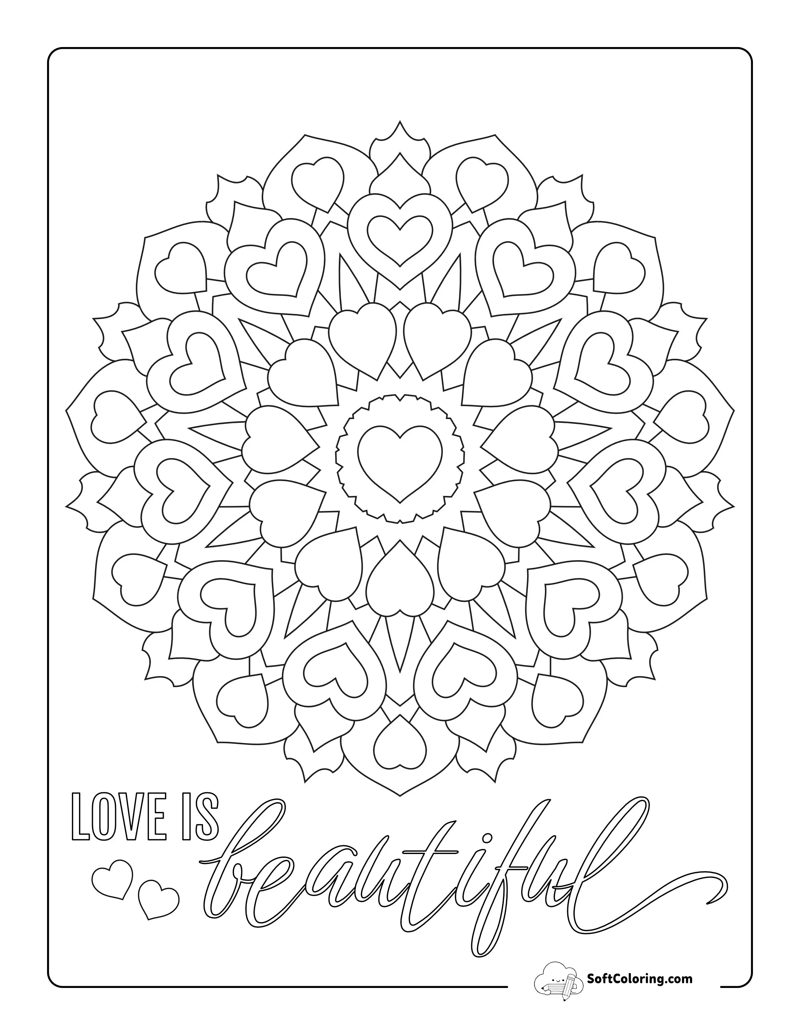 "Love Is Beautiful" Heart Mandala To Color