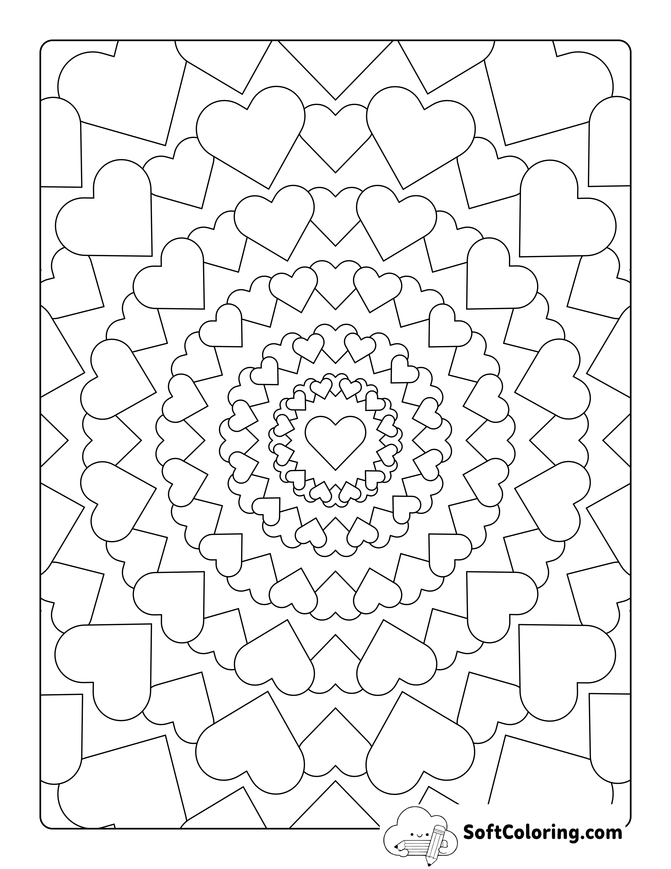 Full Page Hearts Mandala to Color