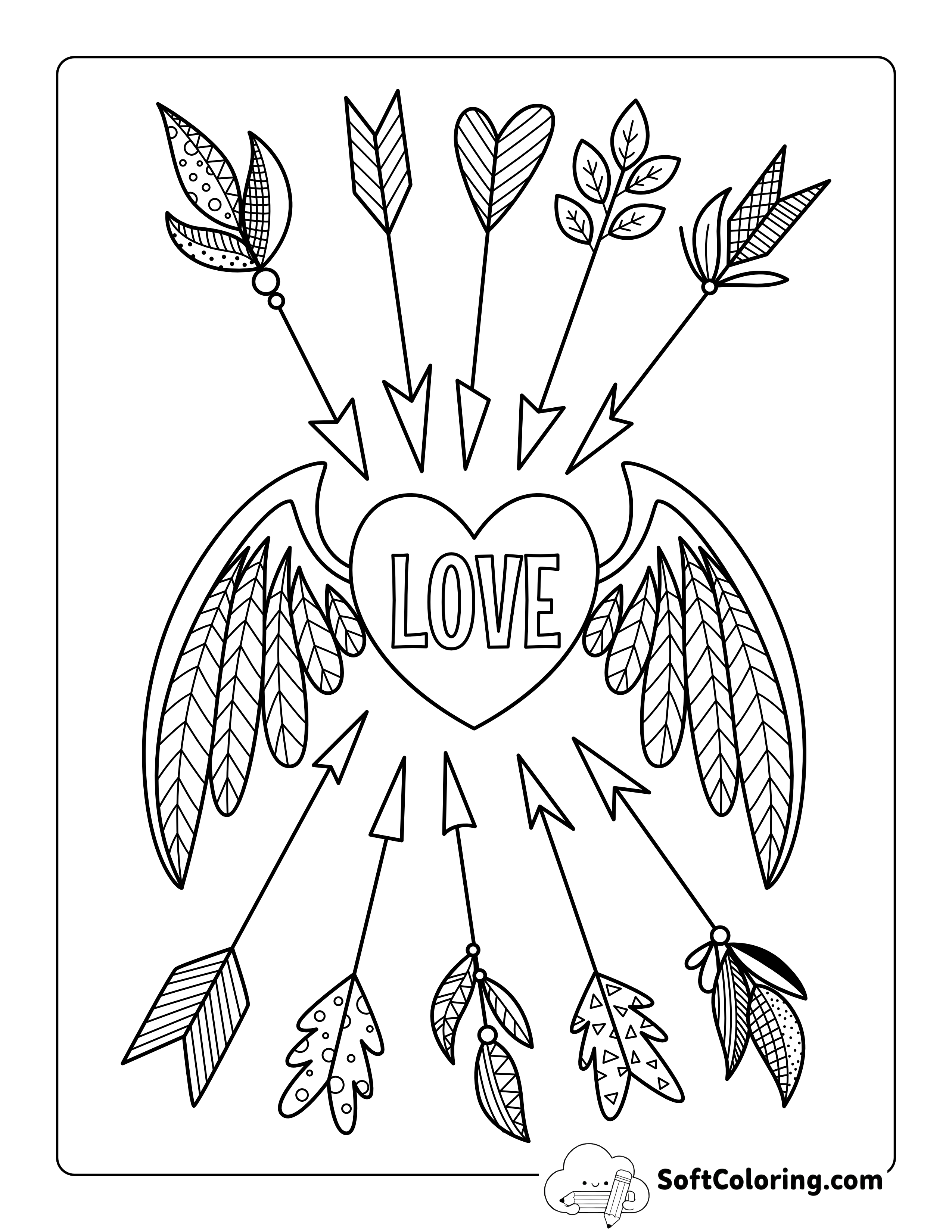 "Love" Winged Heart with Arrows Coloring Page for Teens