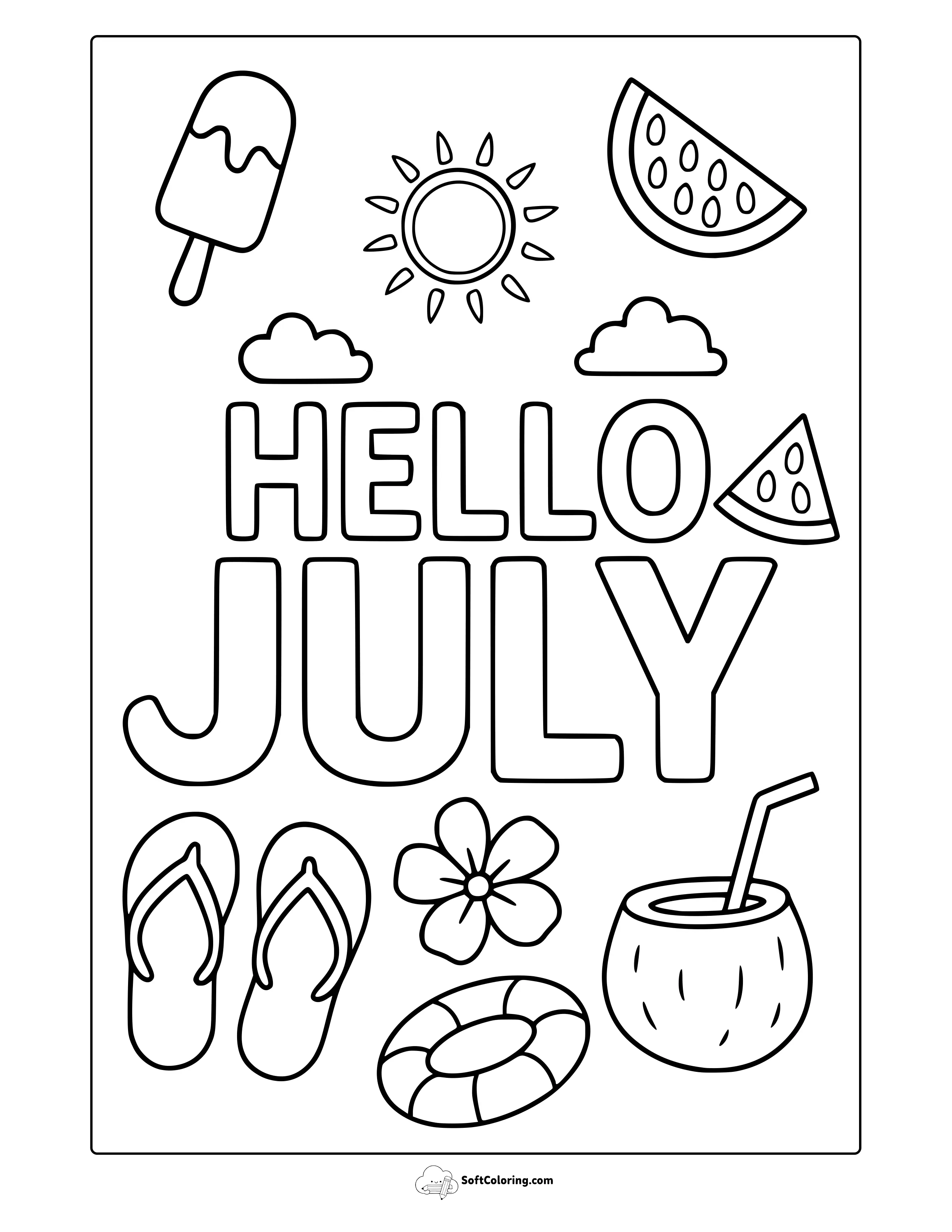 Hello July Coloring Page
